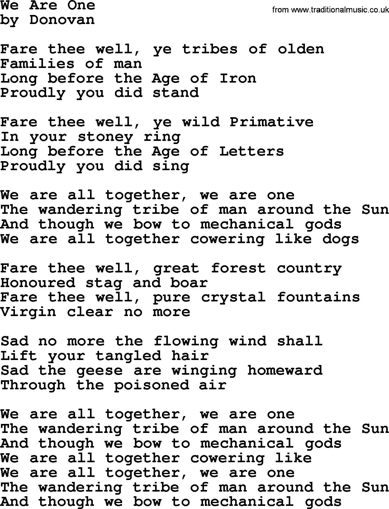 Donovan Leitch song: We Are One lyrics