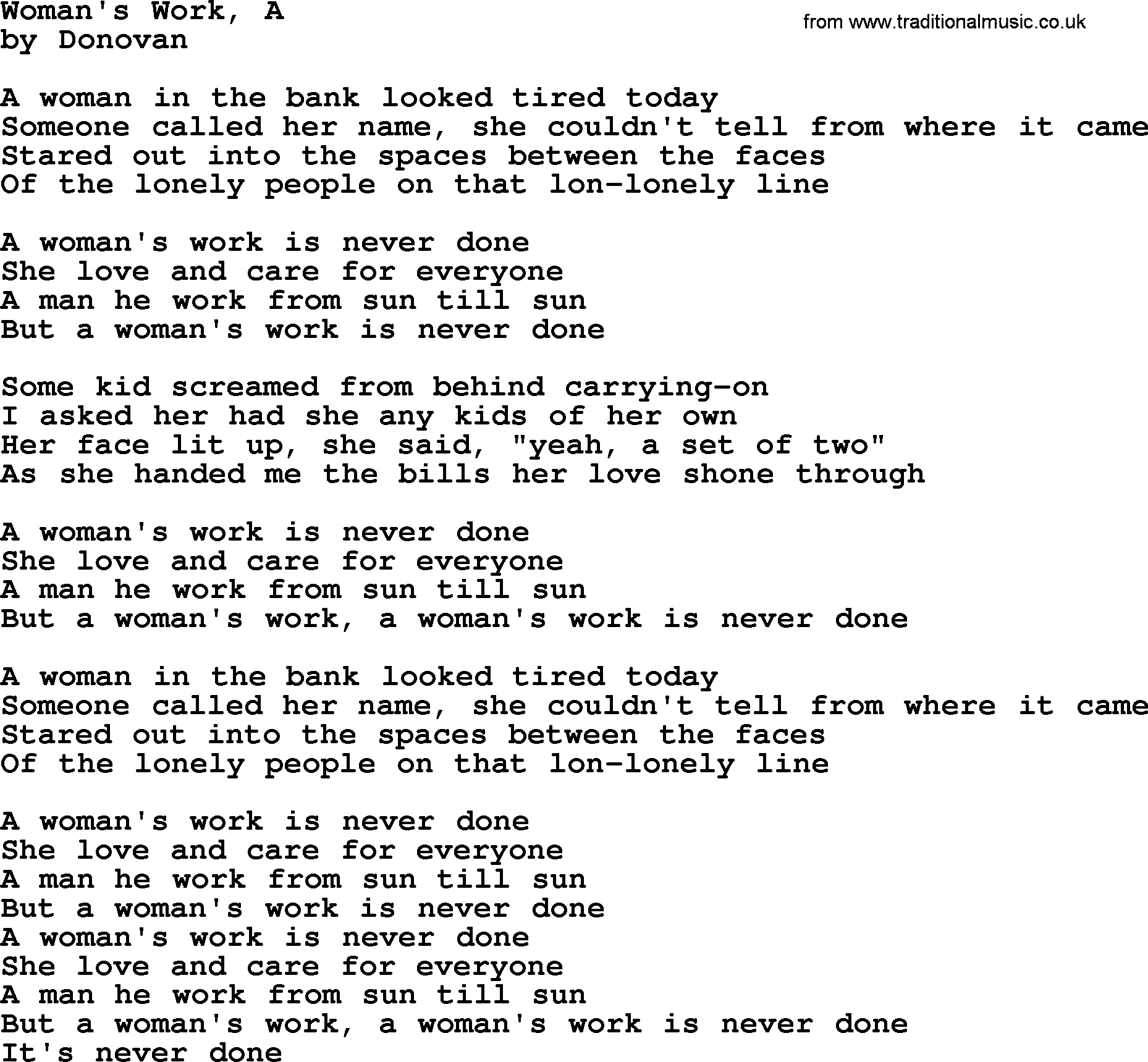 Donovan Leitch song: Woman's Work, A lyrics