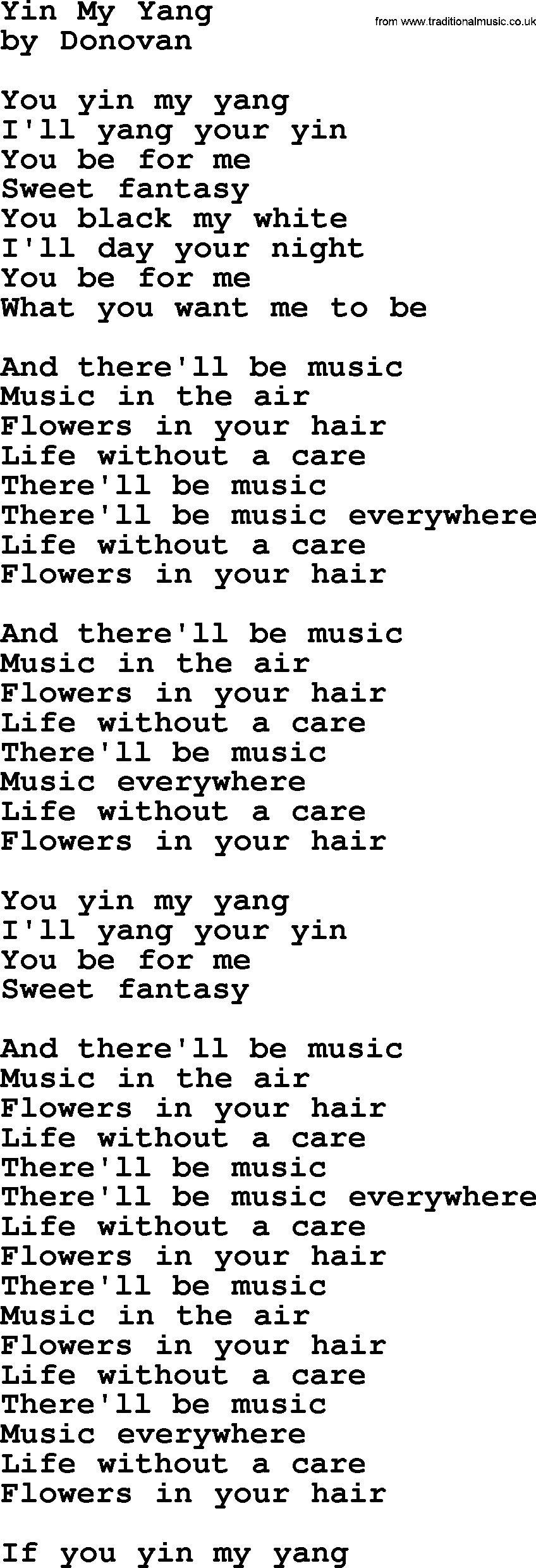 Donovan Leitch song: Yin My Yang lyrics