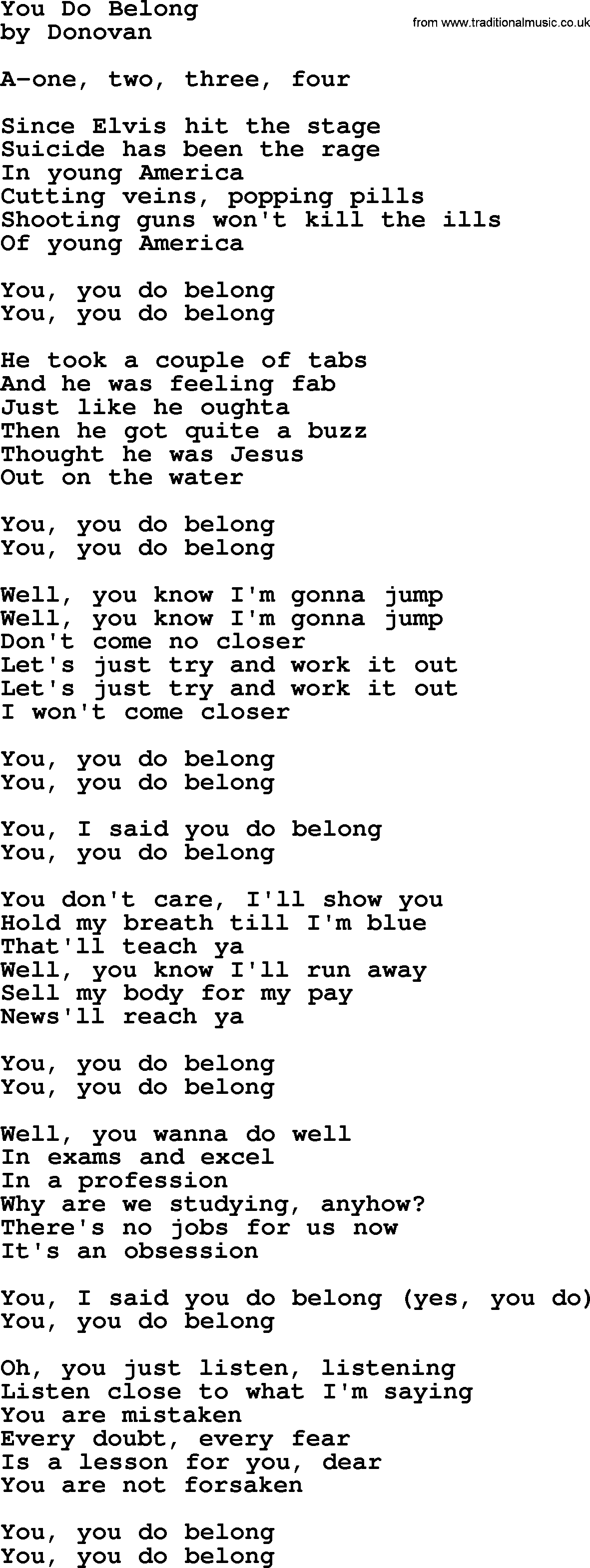 Donovan Leitch song: You Do Belong lyrics