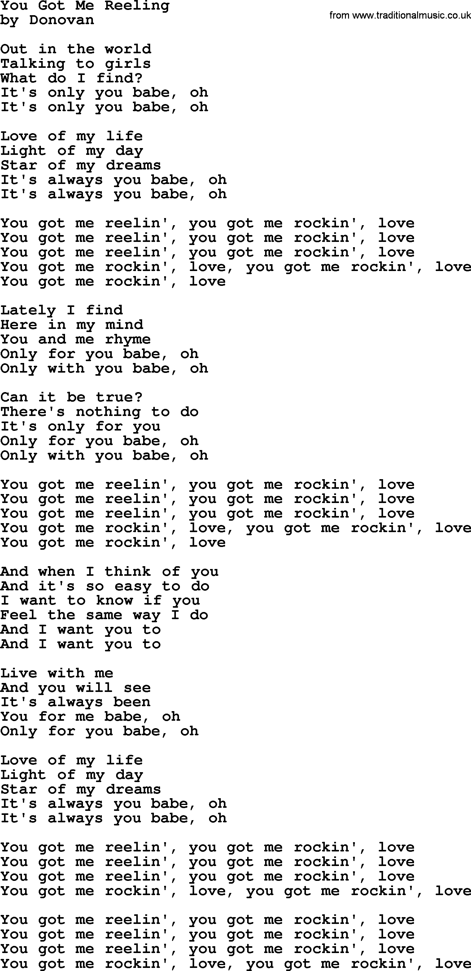 Donovan Leitch song: You Got Me Reeling lyrics