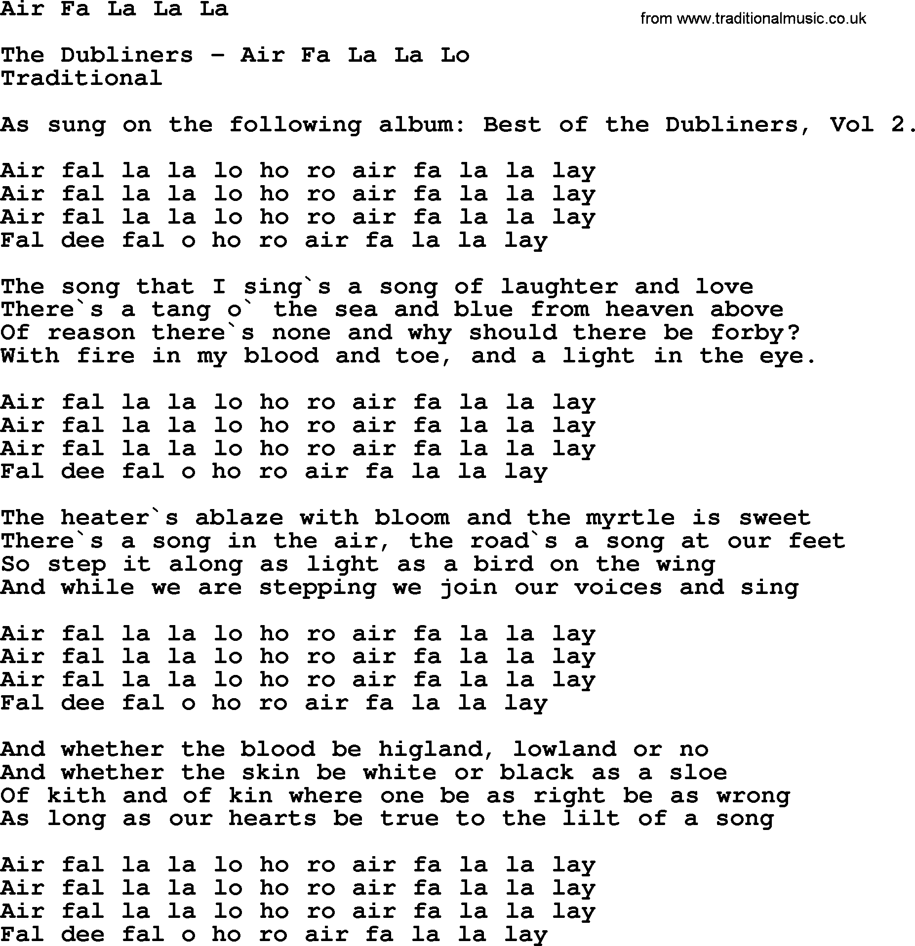 Air Fa La La La By The Dubliners Song Lyrics And Chords Explore 1 meaning and explanations or write yours. traditional music library