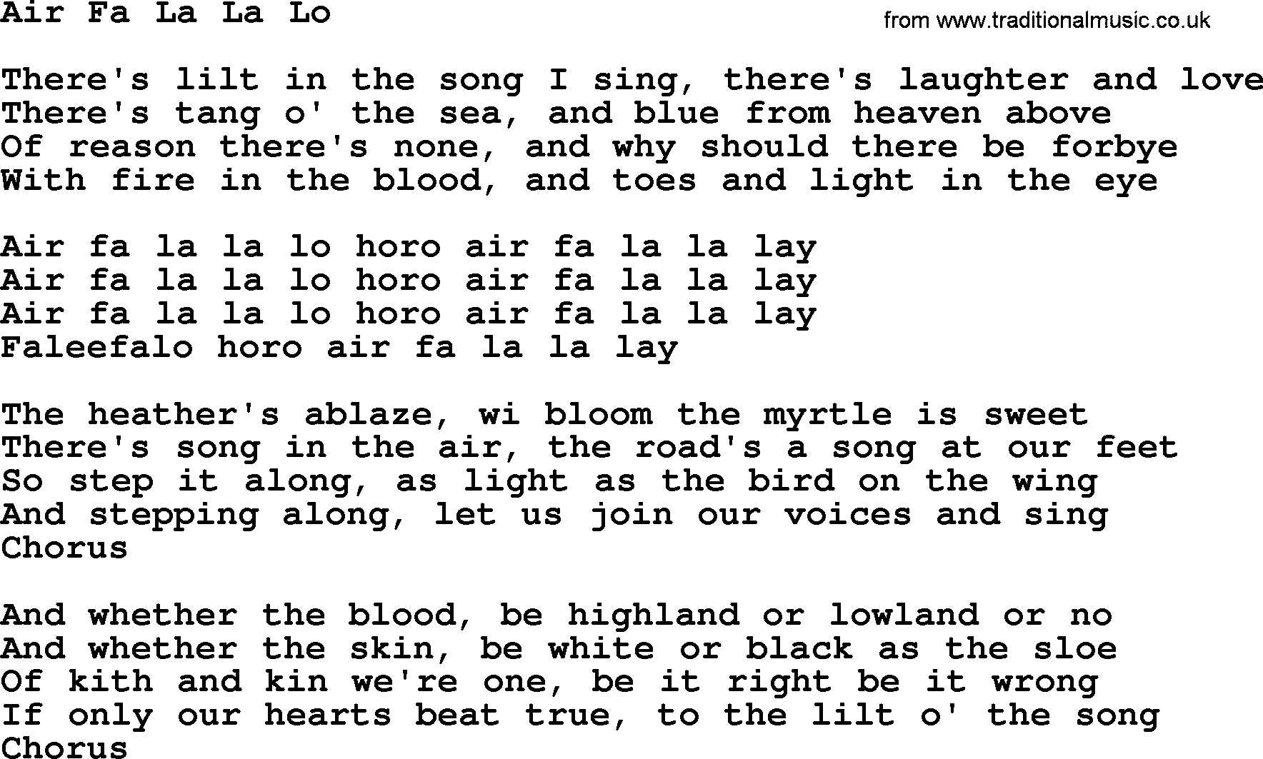 The Dubliners song: Air Fa La La Lo, lyrics