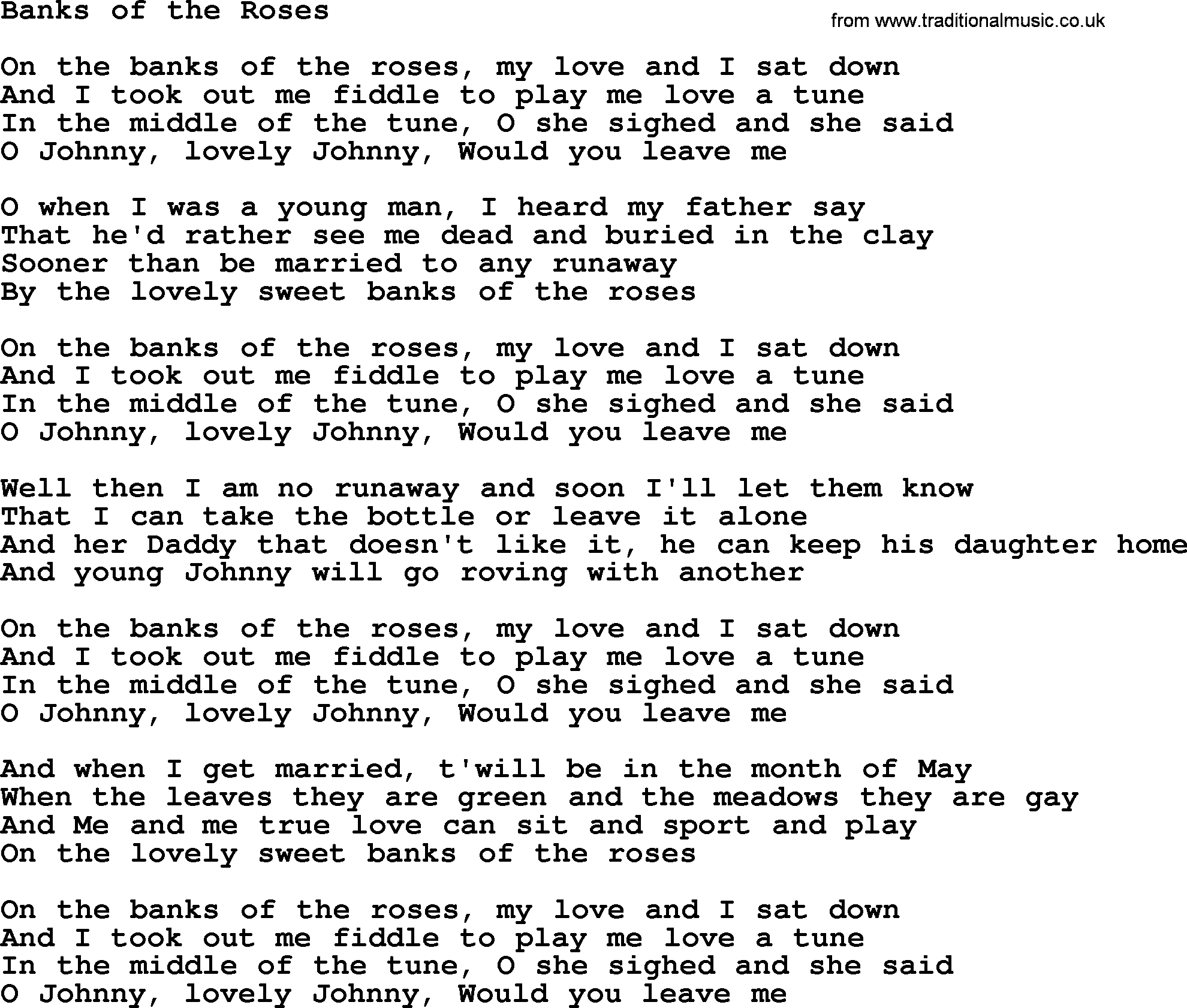 The Dubliners song: Banks Of The Roses, lyrics