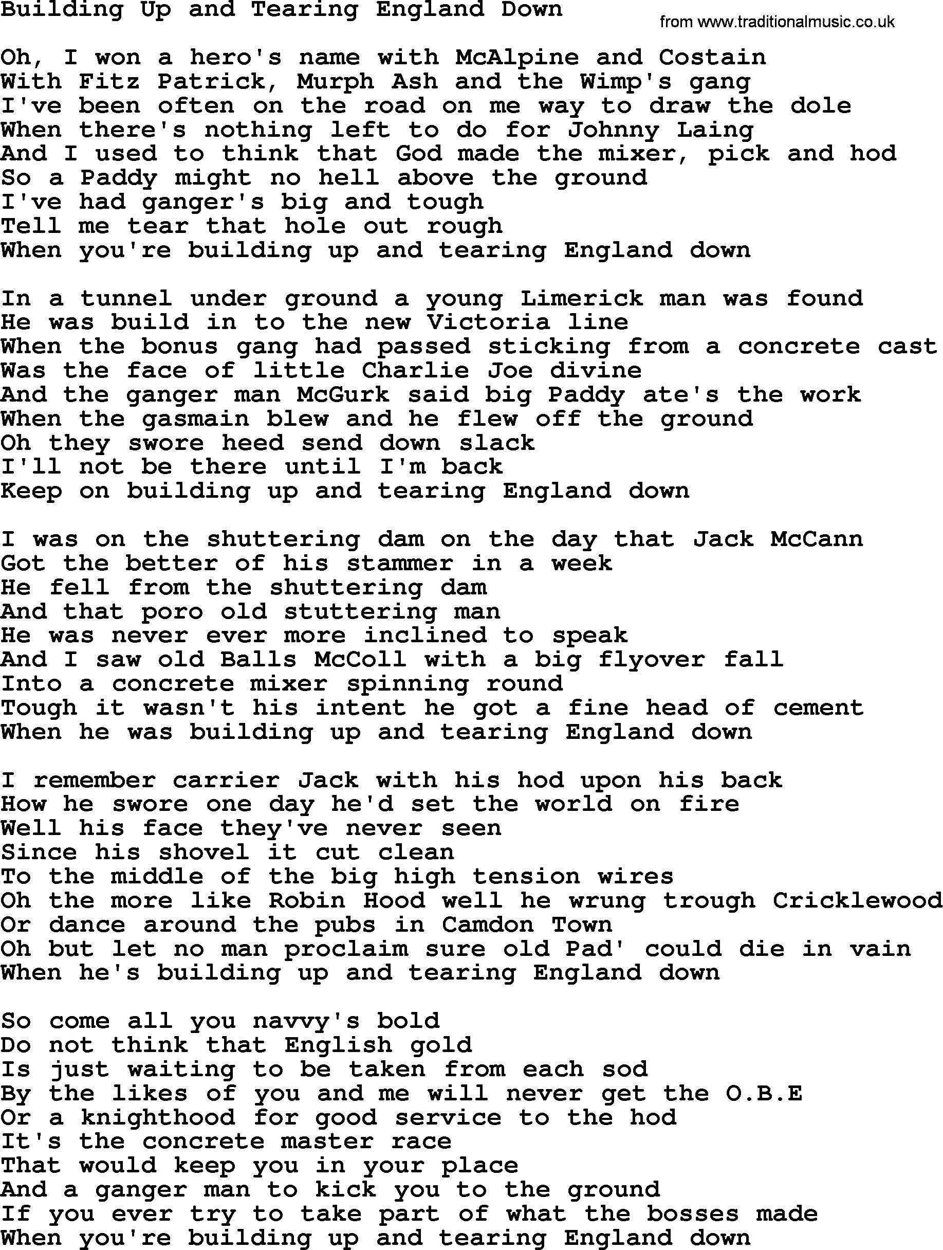 The Dubliners song: Building Up And Tearing England Down, lyrics