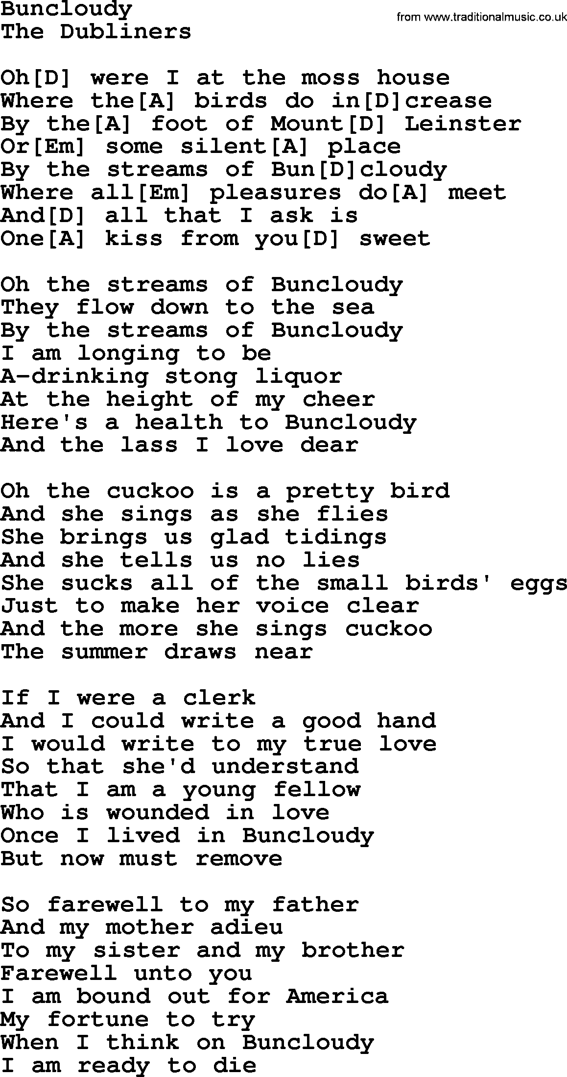 The Dubliners song: Buncloudy, lyrics and chords