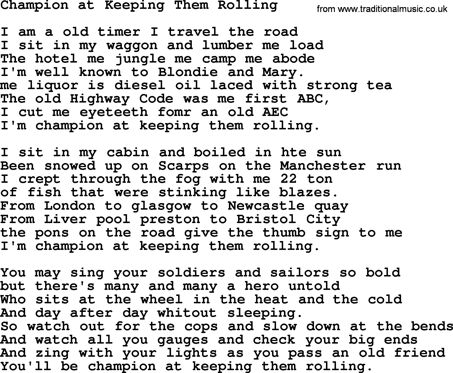 Champion At Keeping Them Rolling by Dubliners - song lyrics and chords