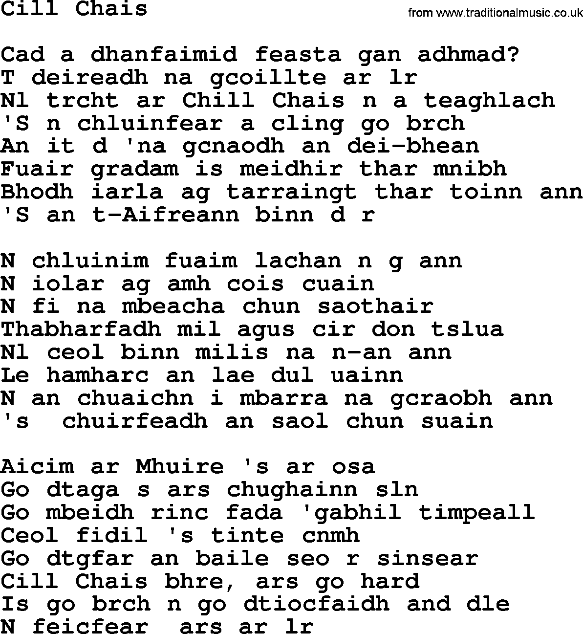 The Dubliners song: Cill Chais, lyrics