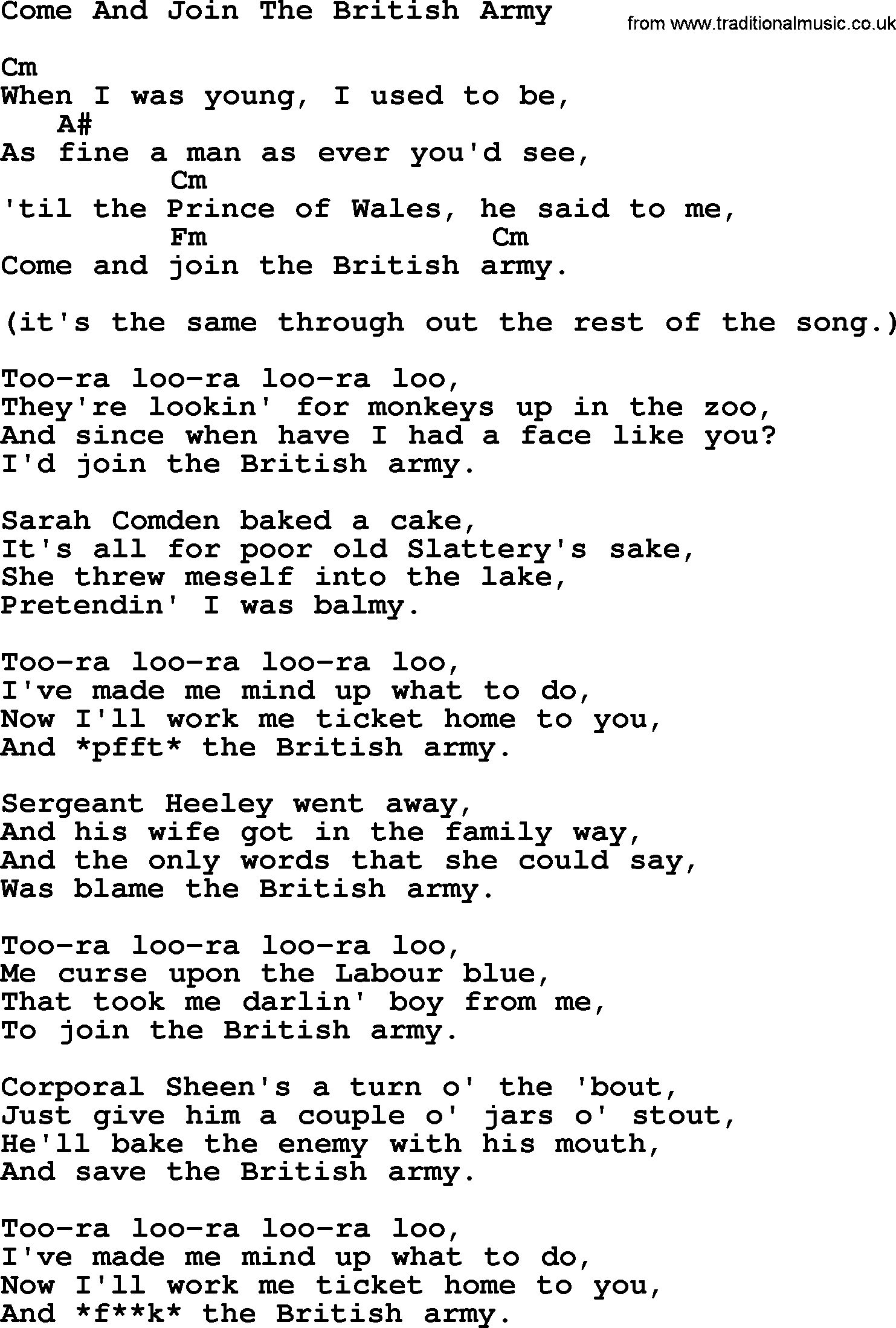 The Dubliners song: Come And Join The British Army, lyrics and chords