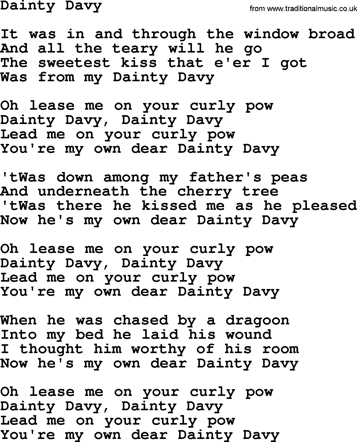 The Dubliners song: Dainty Davy, lyrics