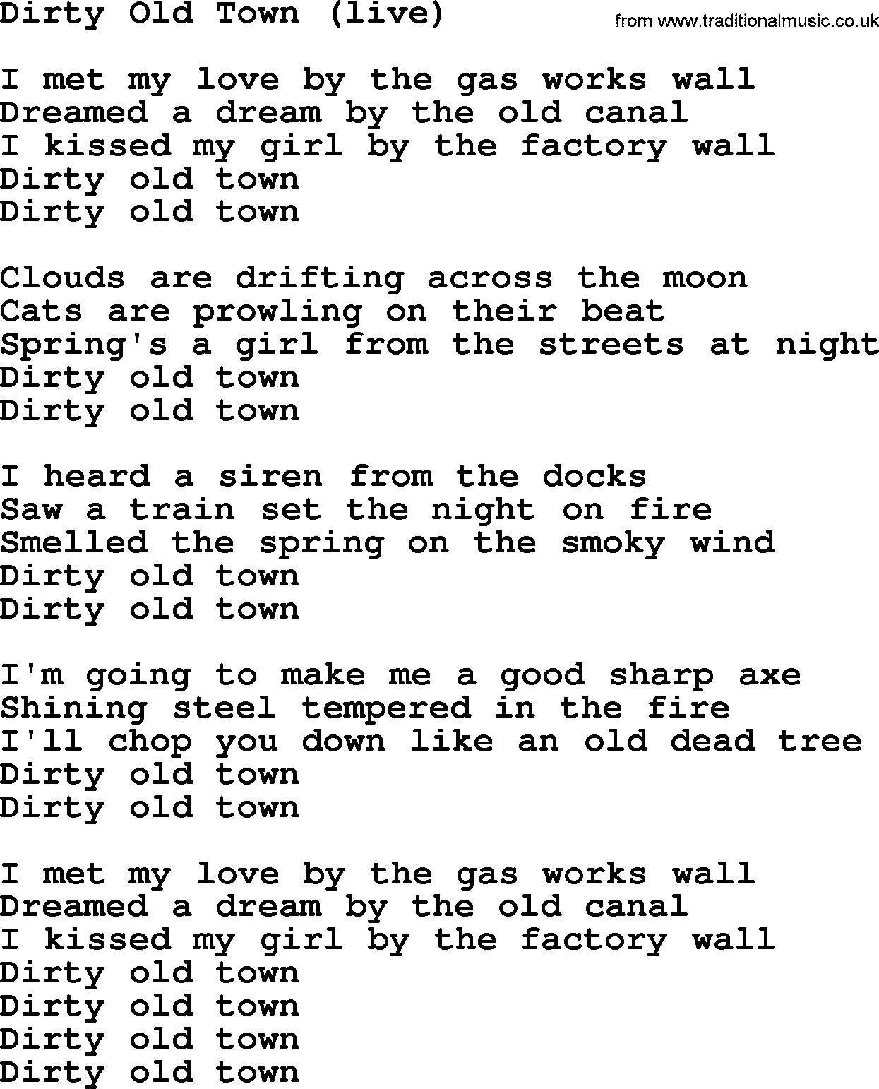 The Dubliners song: Dirty Old Town (live), lyrics