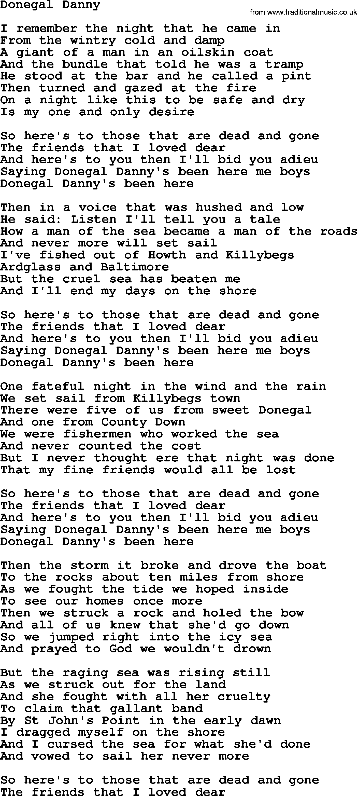 The Dubliners song: Donegal Danny, lyrics
