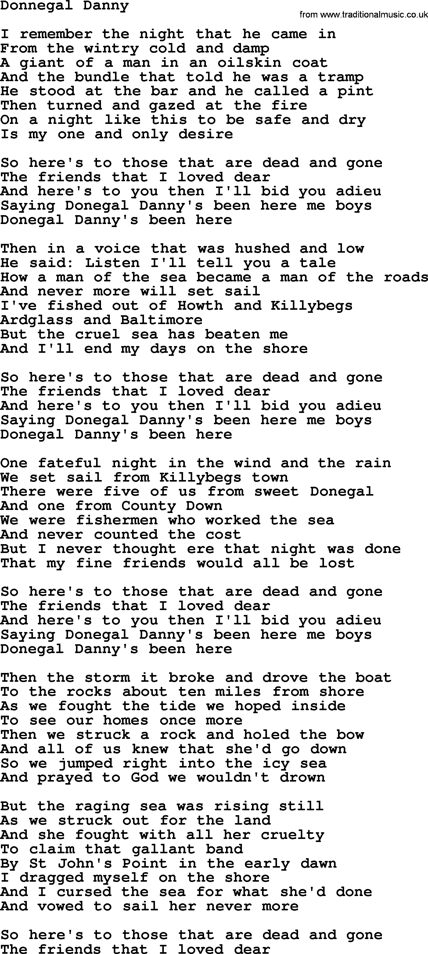 The Dubliners song: Donnegal Danny, lyrics