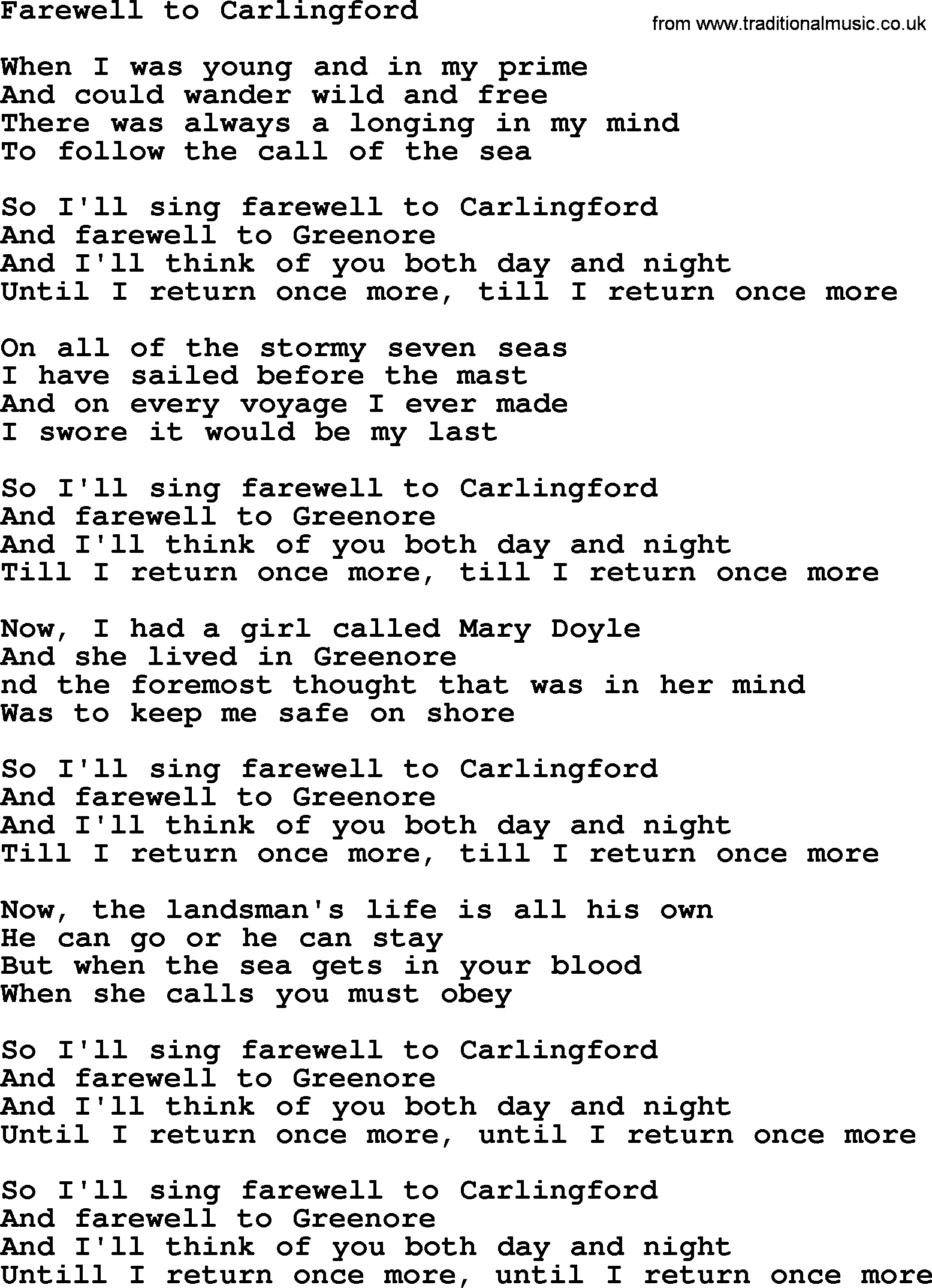 The Dubliners song: Farewell To Carlingford, lyrics