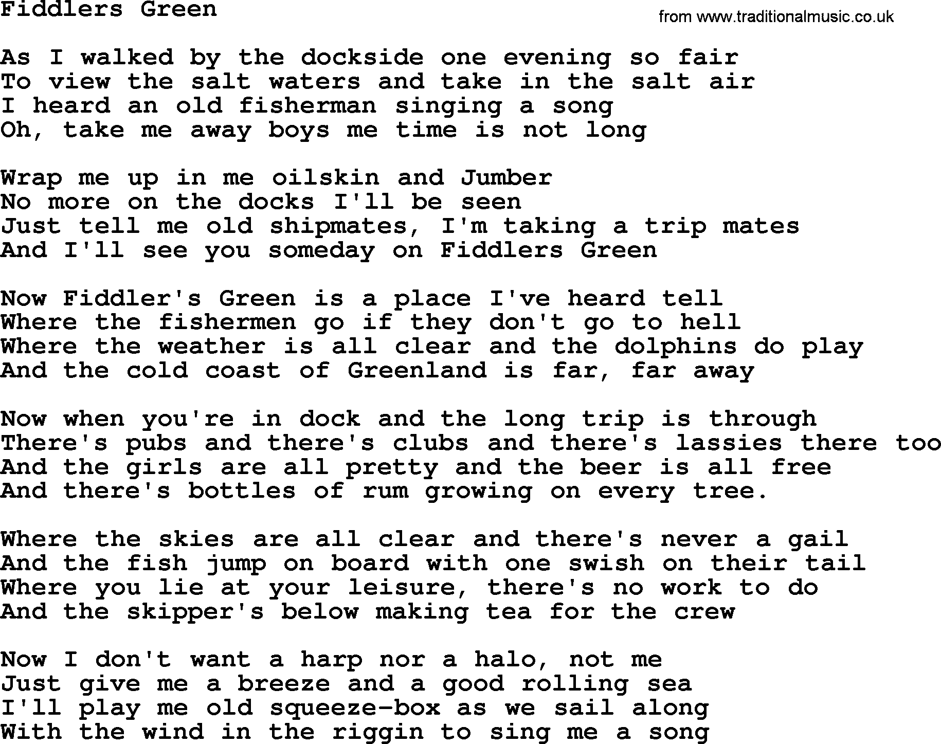 The Dubliners song: Fiddlers Green, lyrics