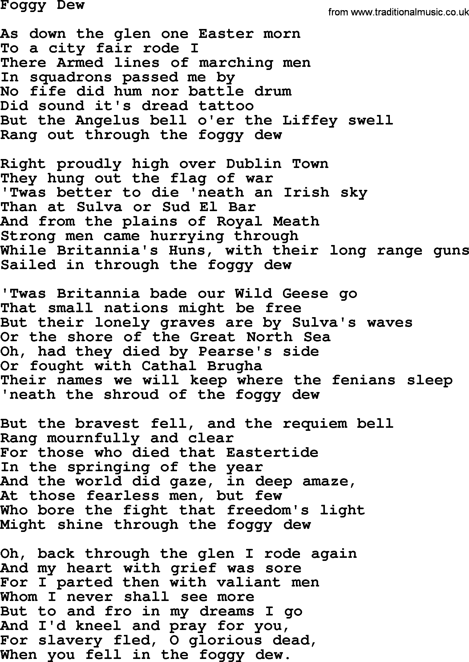 The Dubliners song: Foggy Dew, lyrics