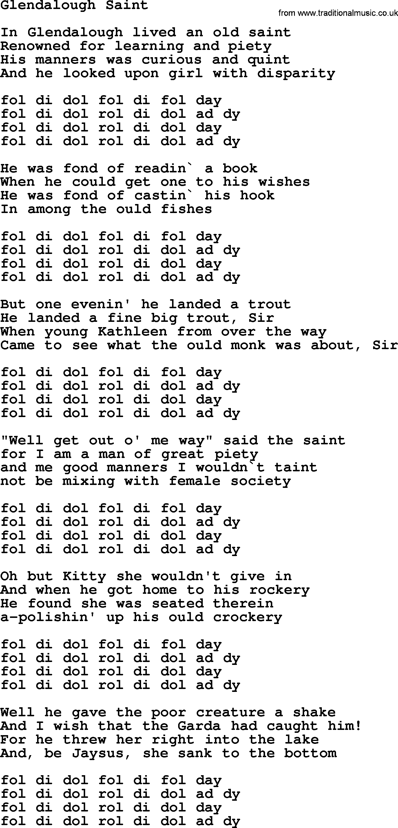 The Dubliners song: Glendalough Saint, lyrics