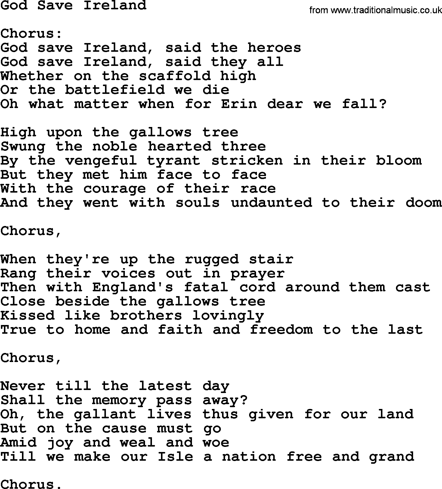 The Dubliners song: God Save Ireland, lyrics