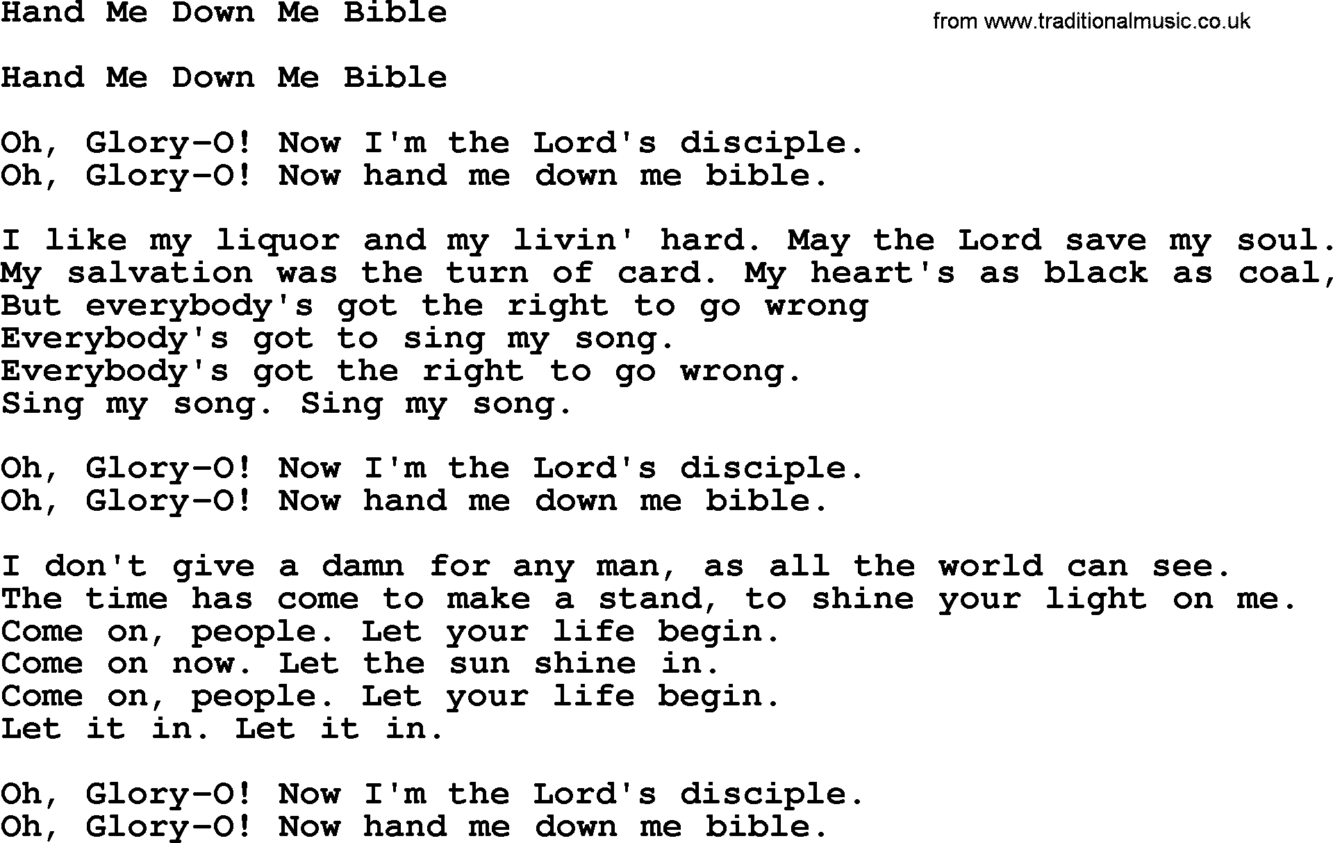 The Dubliners song: Hand Me Down Me Bible, lyrics