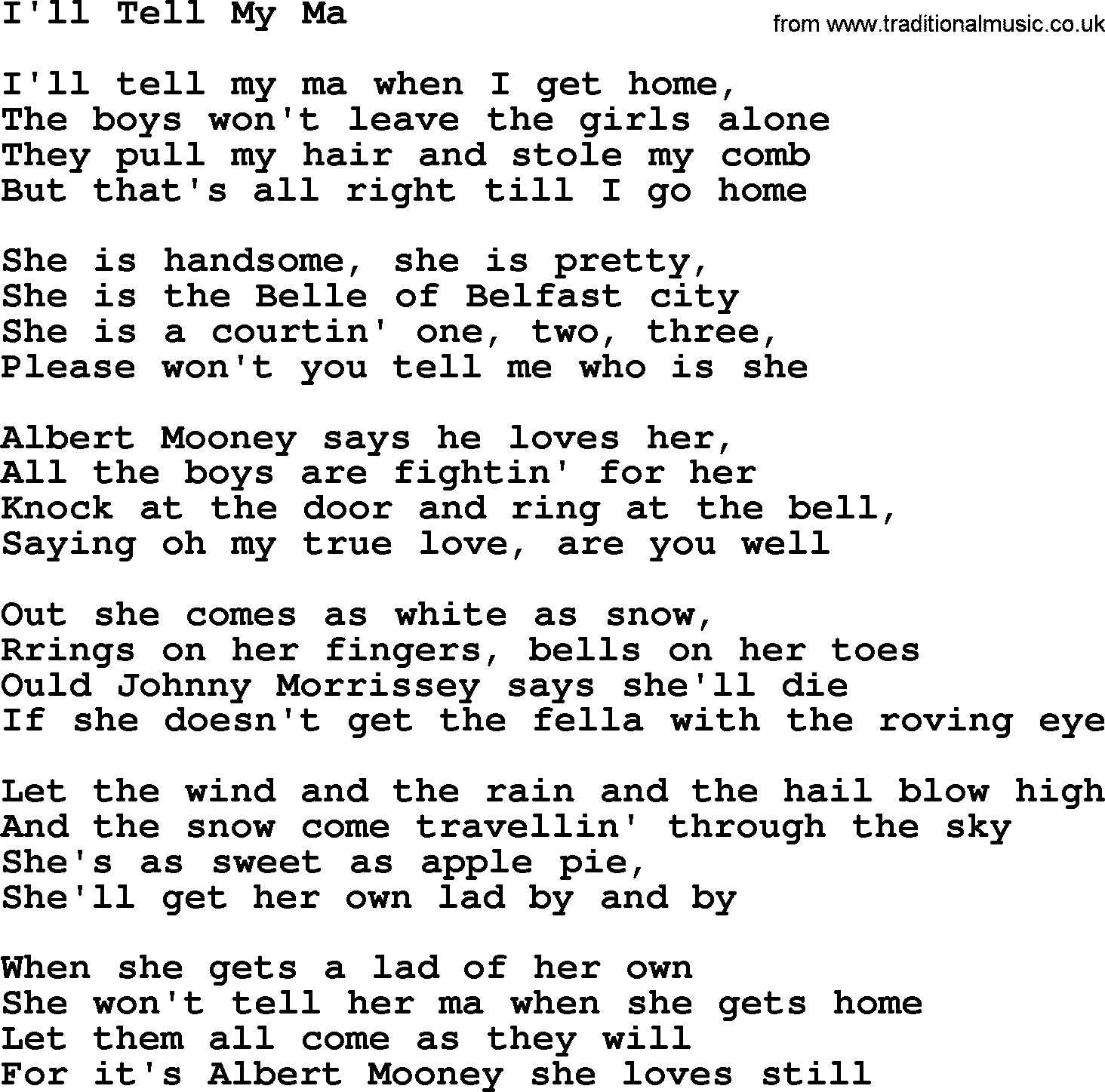 The Dubliners song: I'll Tell My Ma, lyrics