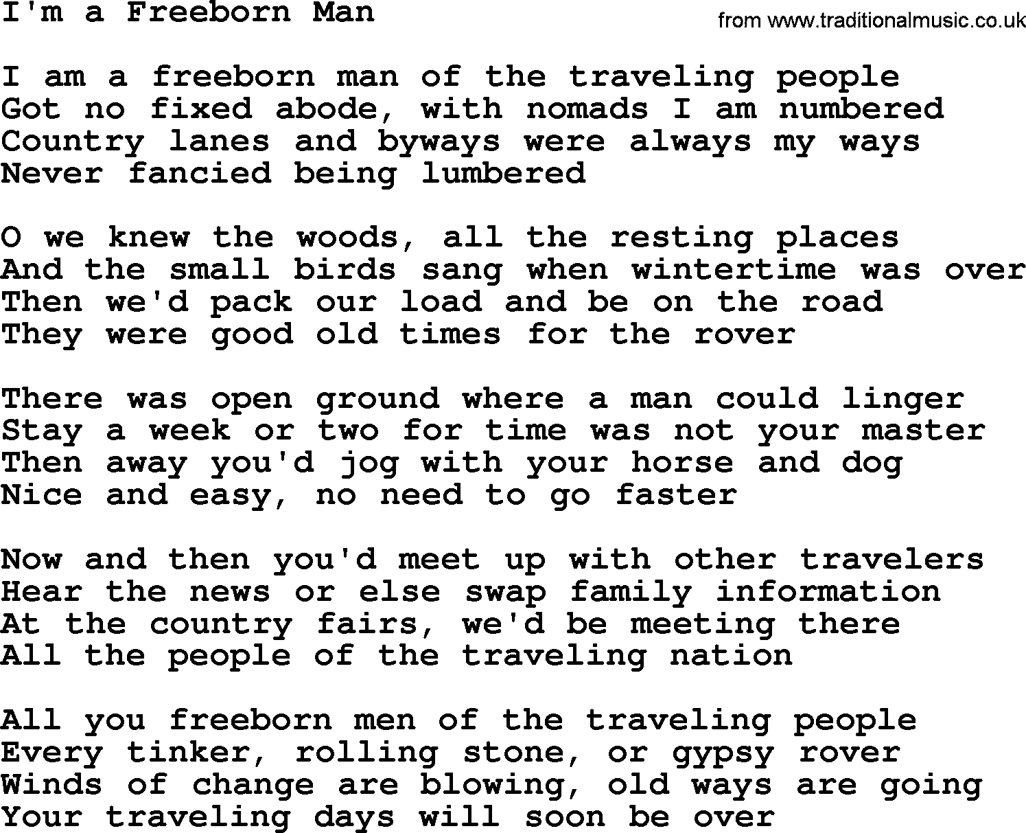 The Dubliners song: I'm A Freeborn Man, lyrics