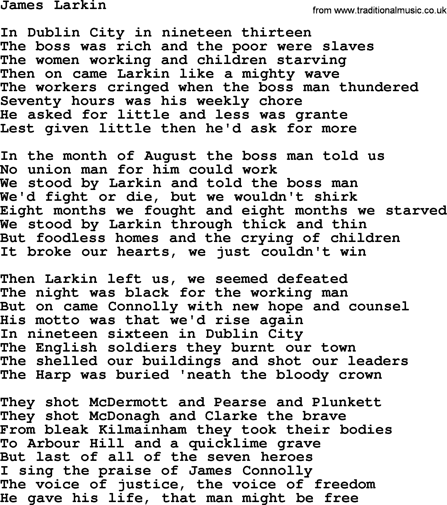 The Dubliners song: James Larkin, lyrics