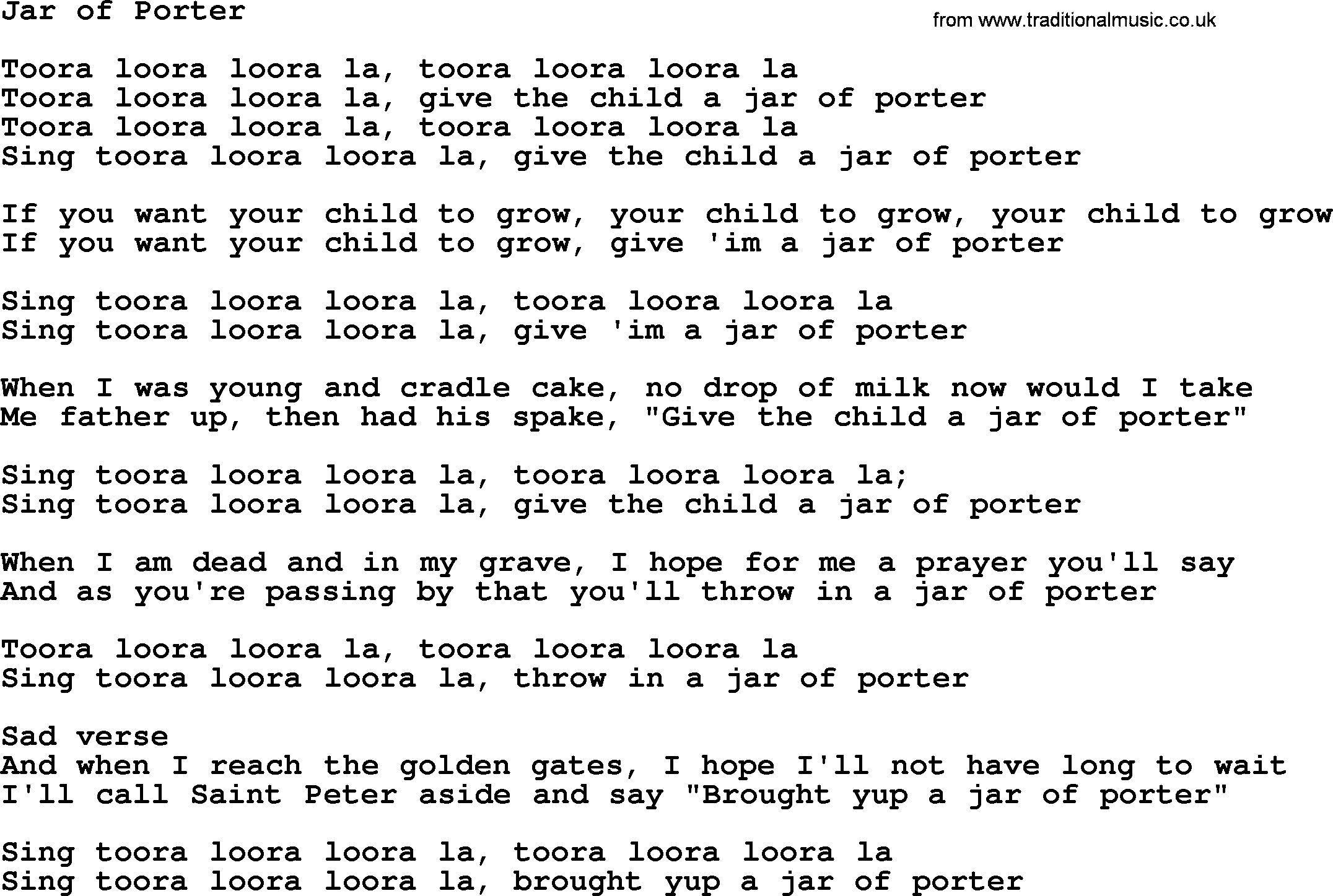 The Dubliners song: Jar Of Porter, lyrics