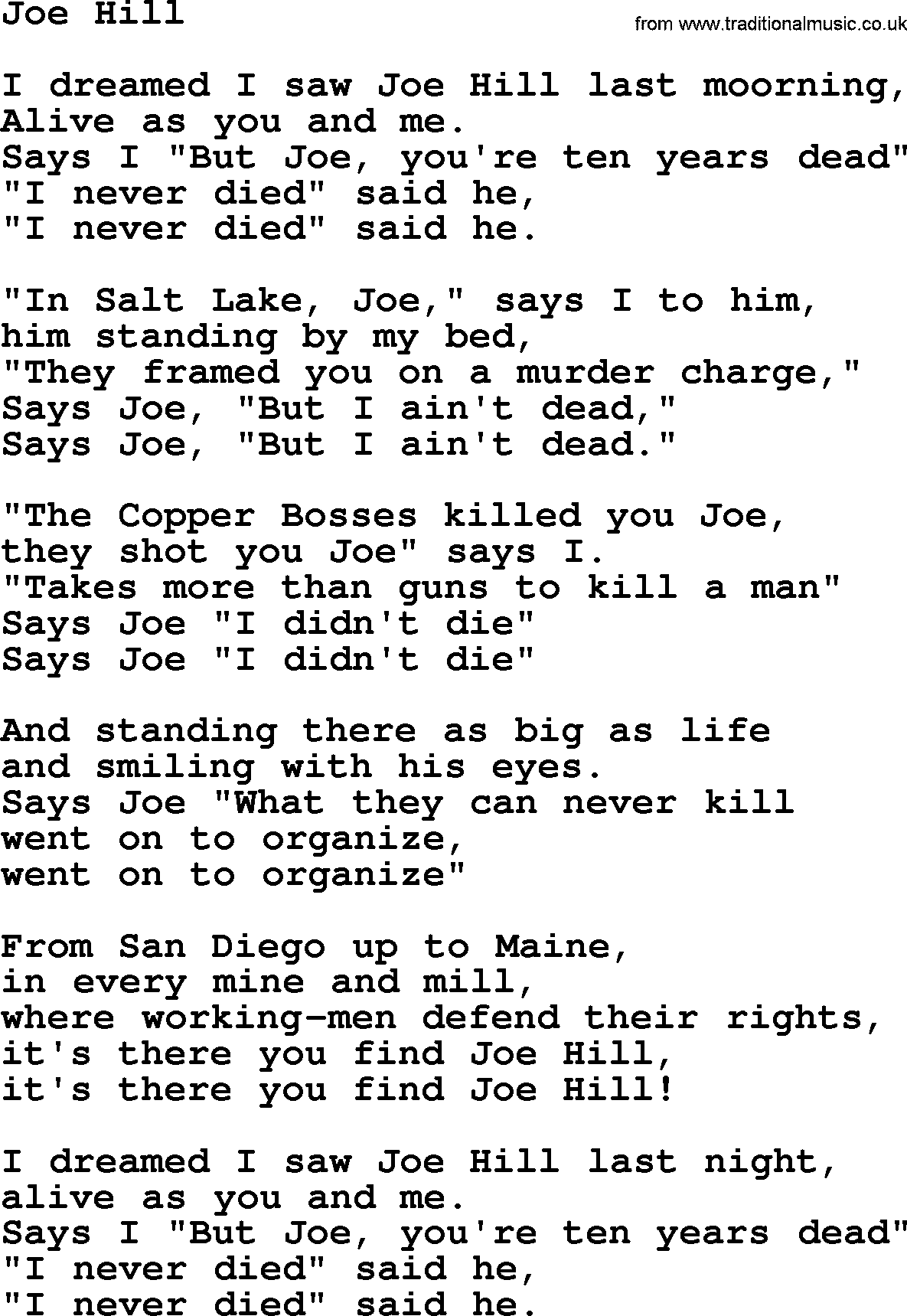 The Dubliners song: Joe Hill, lyrics