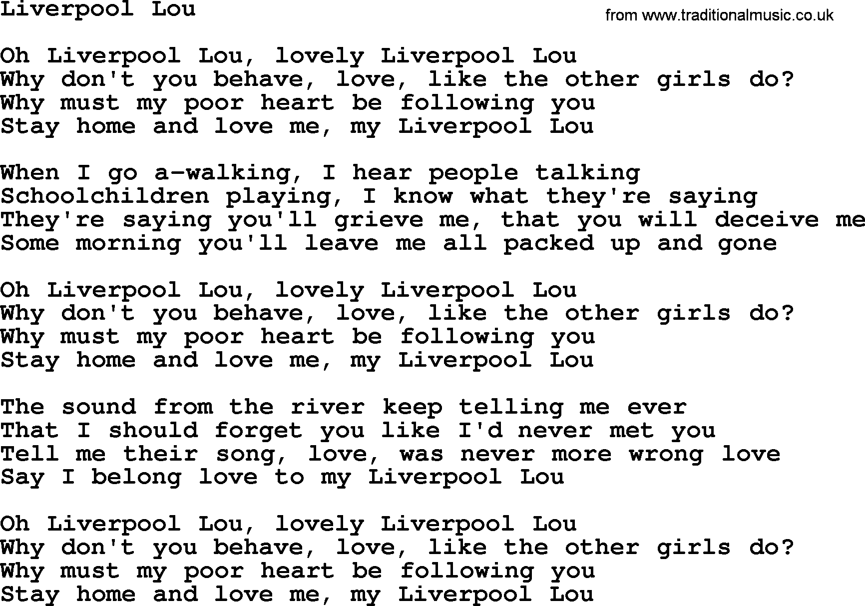 The Dubliners song: Liverpool Lou, lyrics