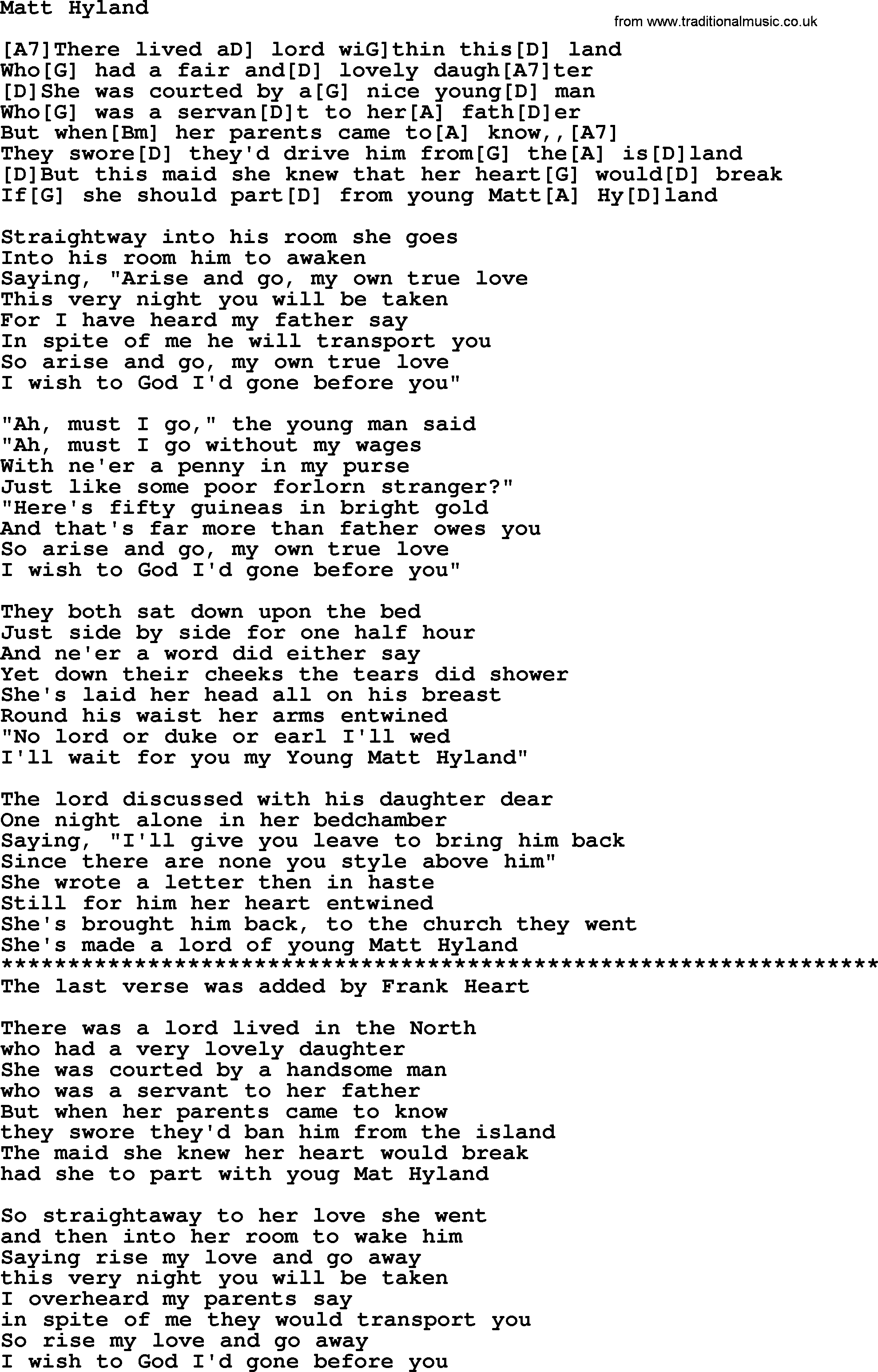 The Dubliners song: Matt Hyland, lyrics
