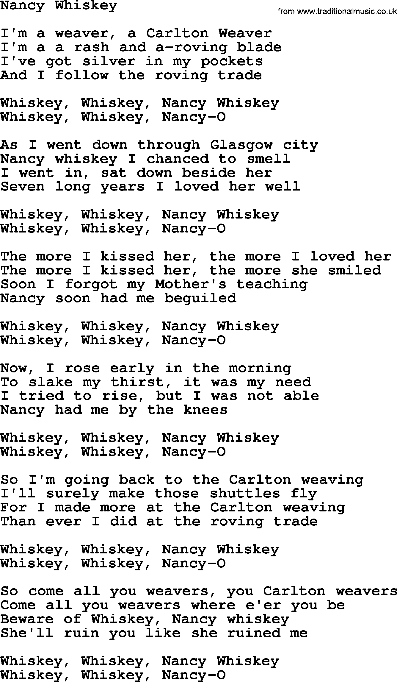 The Dubliners song: Nancy Whiskey, lyrics