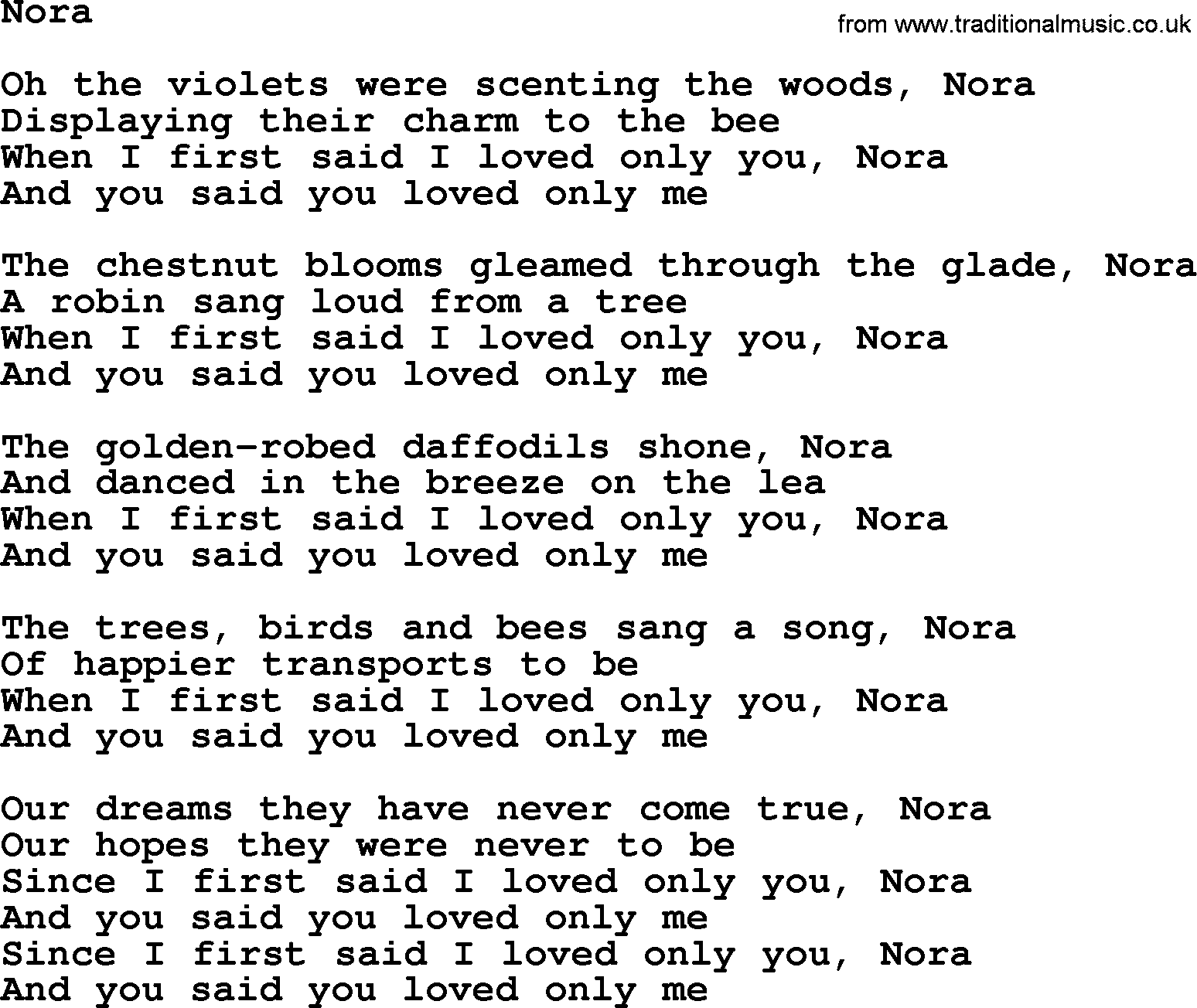 The Dubliners song: Nora, lyrics