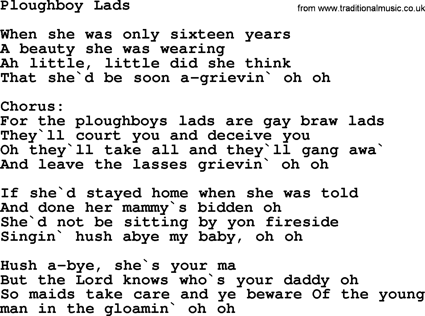 The Dubliners song: Ploughboy Lads, lyrics