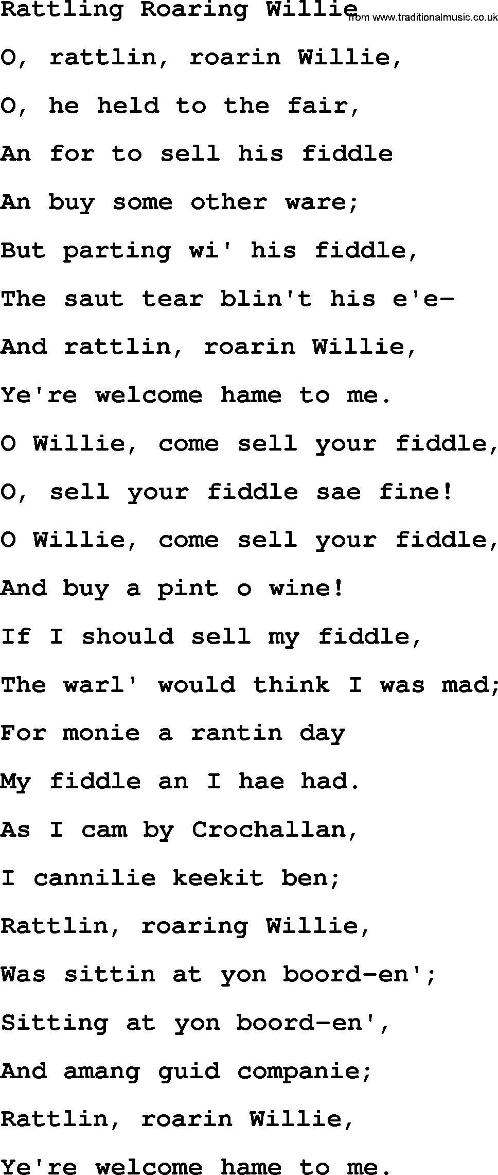 The Dubliners song: Rattling Roaring Willie, lyrics