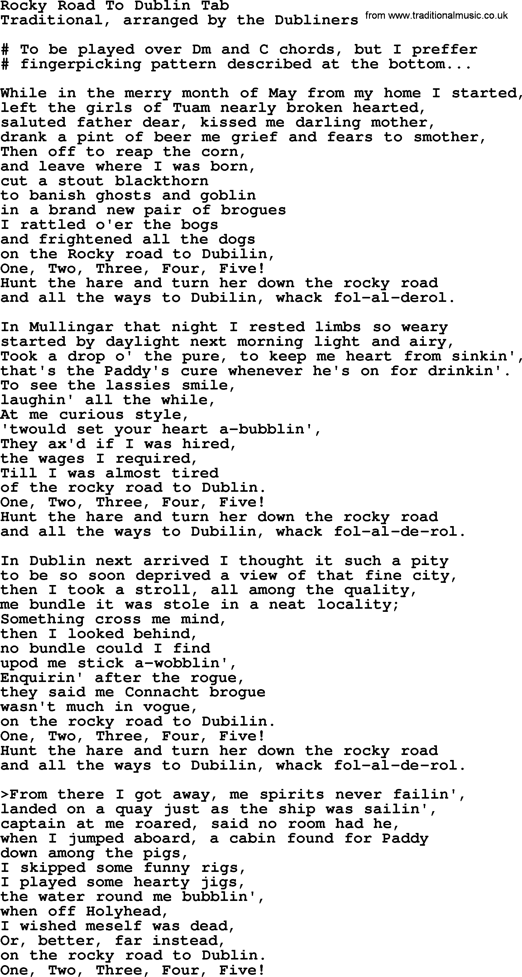 The Dubliners song: Rocky Road To Dublin Tab, lyrics