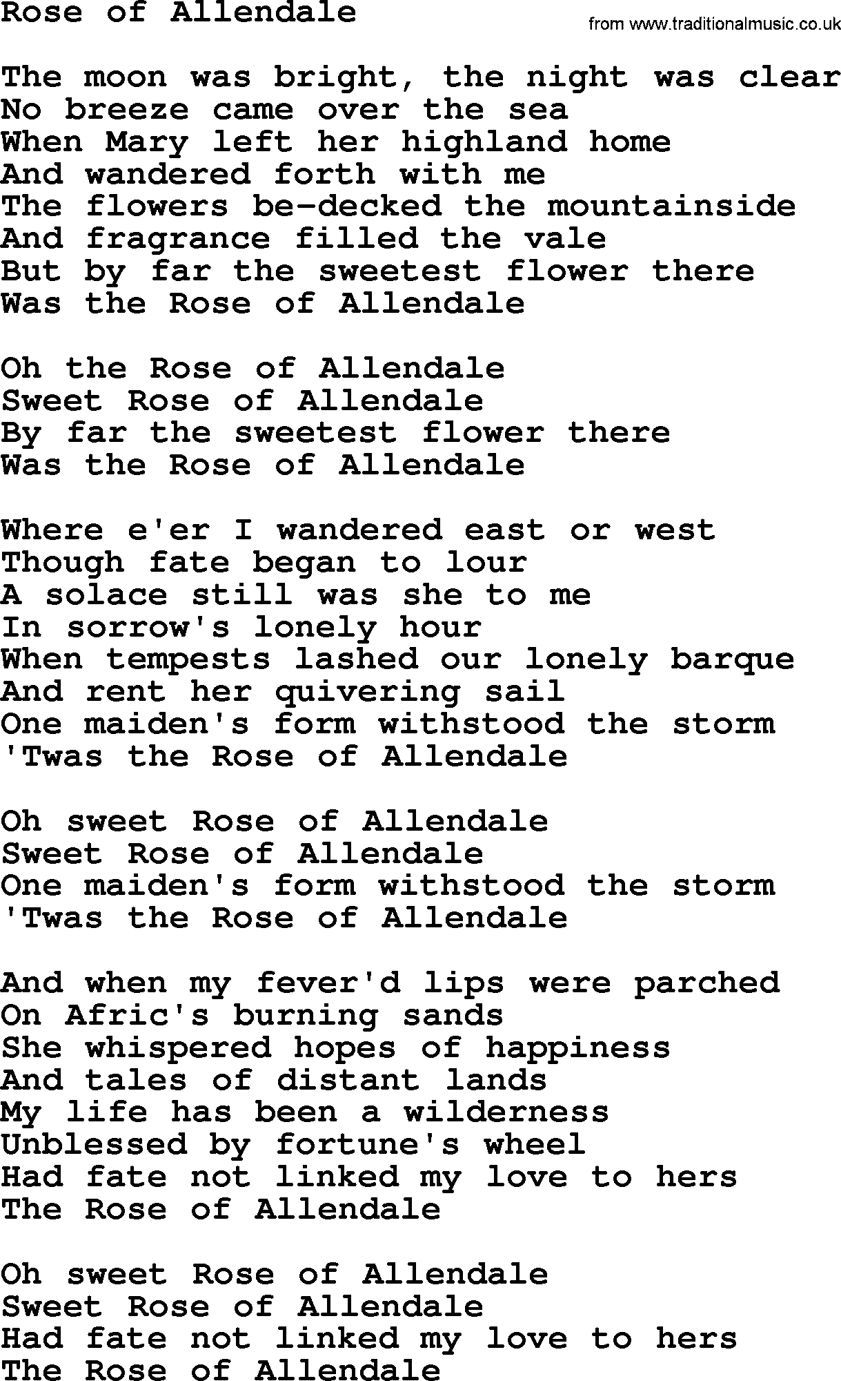 The Dubliners song: Rose Of Allendale, lyrics