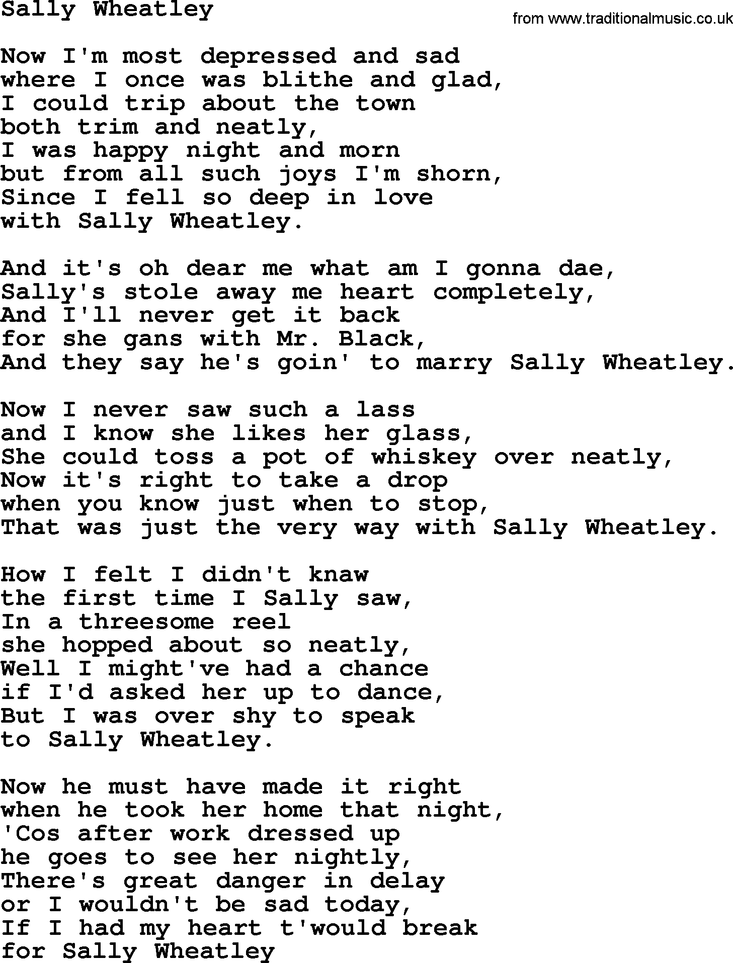 The Dubliners song: Sally Wheatley, lyrics