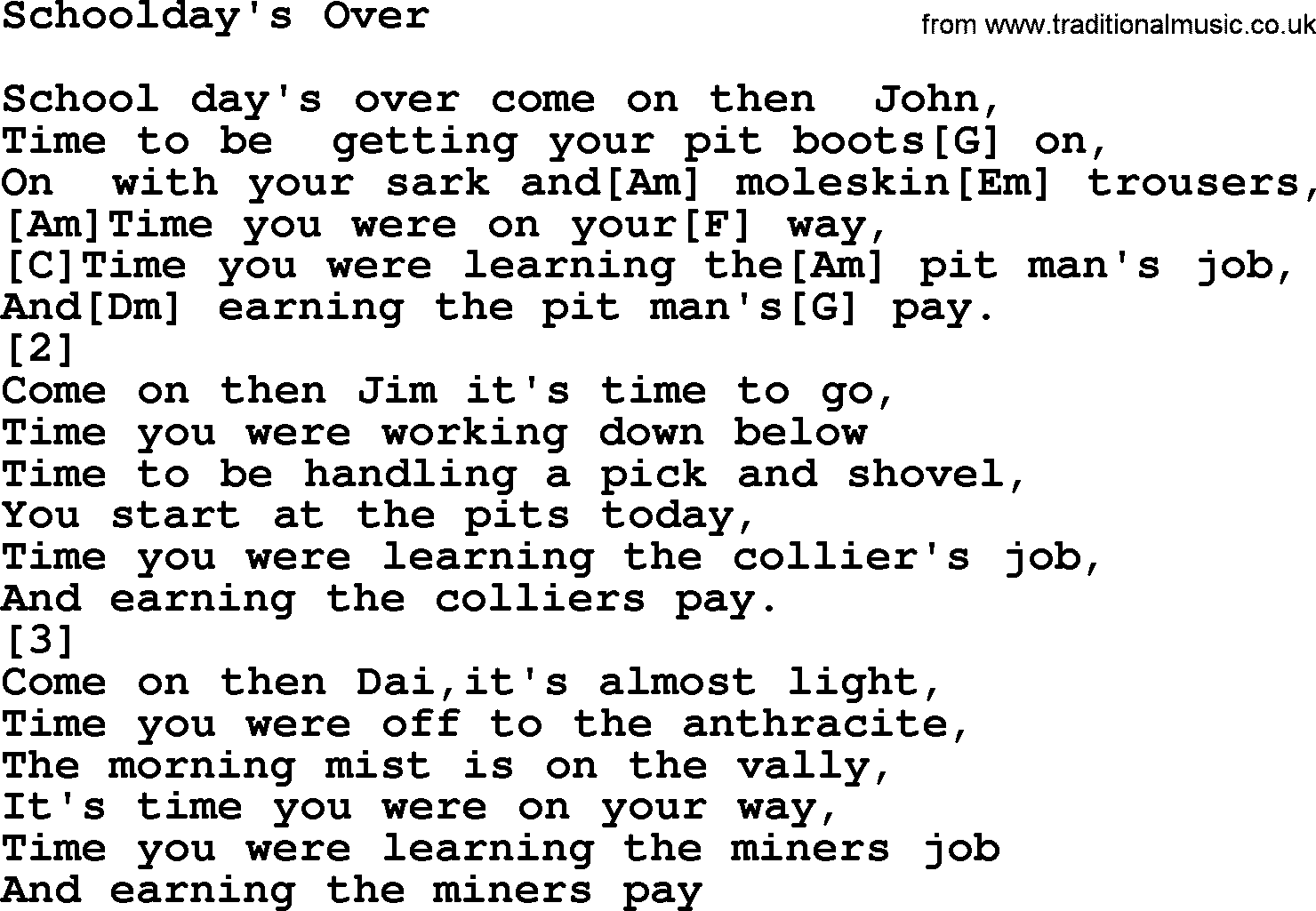 The Dubliners song: Schoolday's Over, lyrics