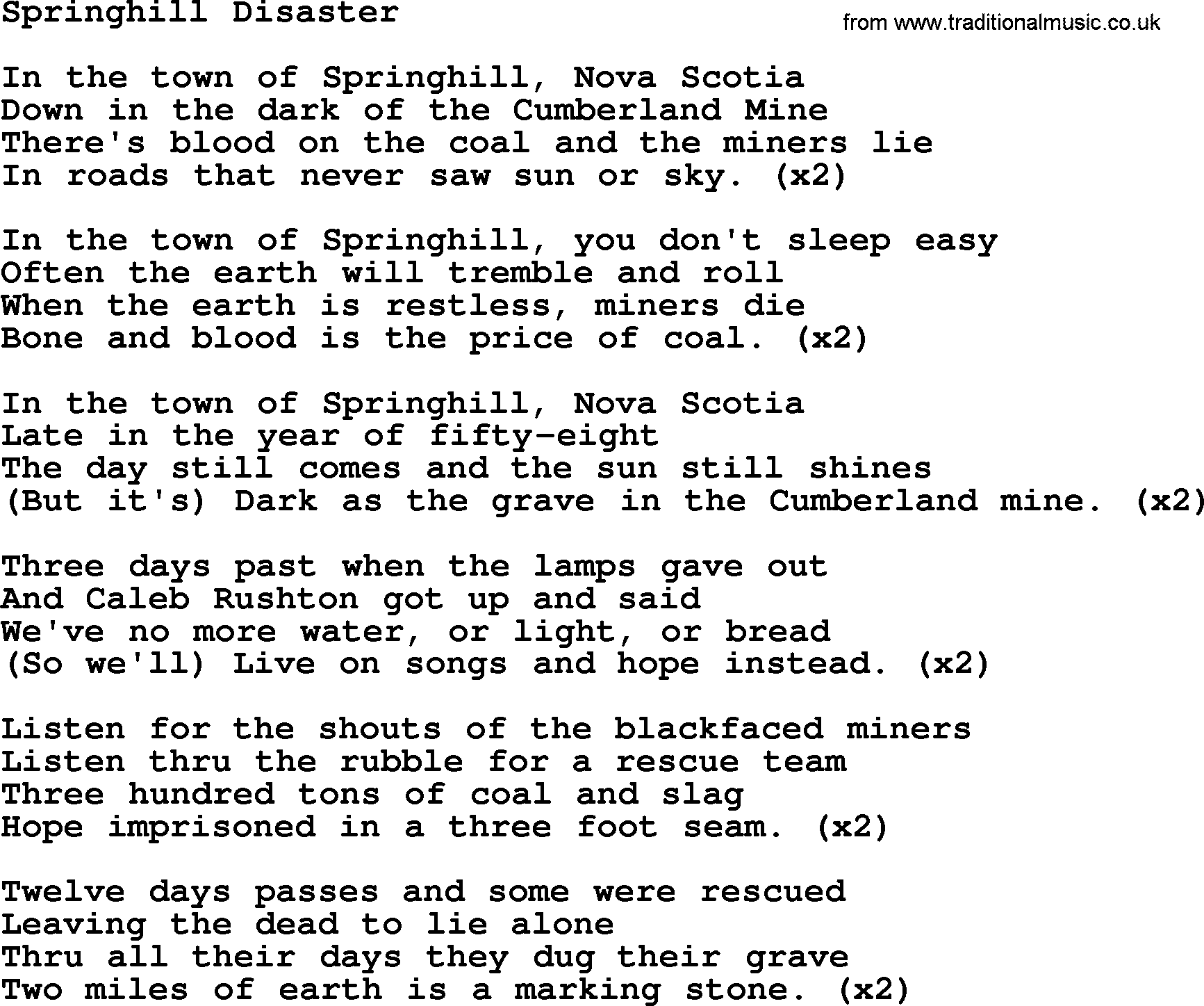 The Dubliners song: Springhill Disaster, lyrics