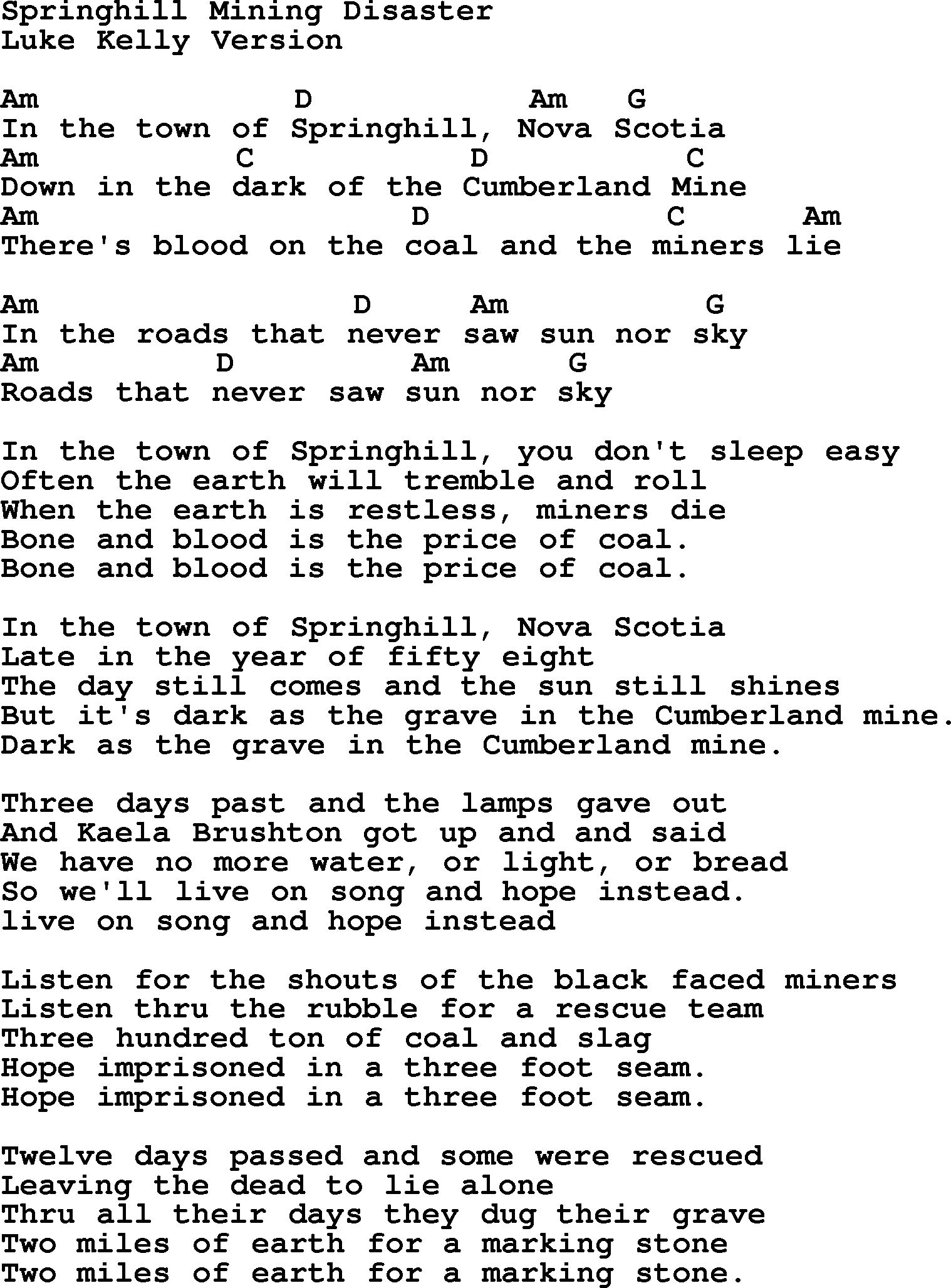 The Dubliners song: Springhill Mining Disaster Luke Kelly Version, lyrics and chords