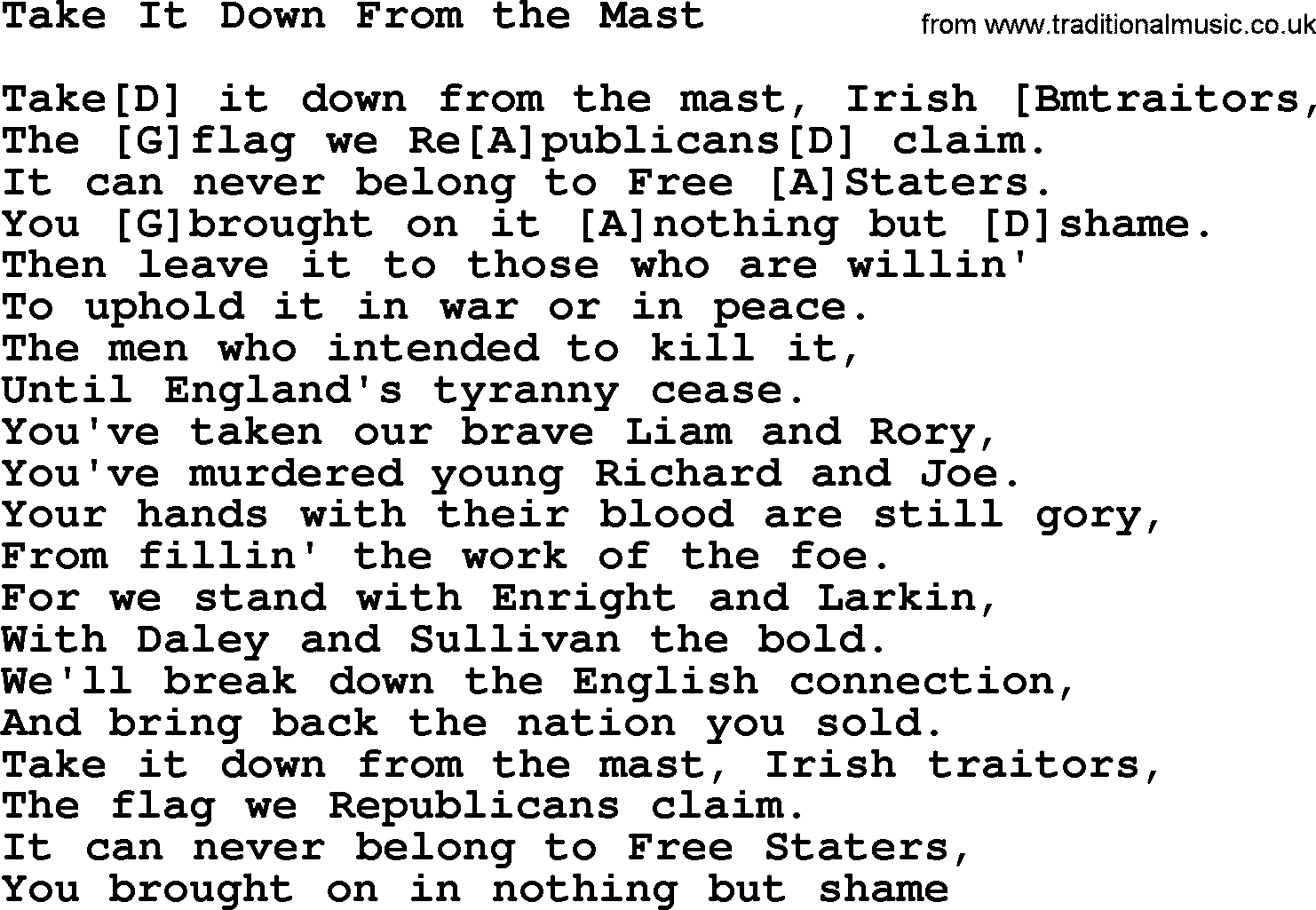 The Dubliners song: Take It Down From The Mast, lyrics