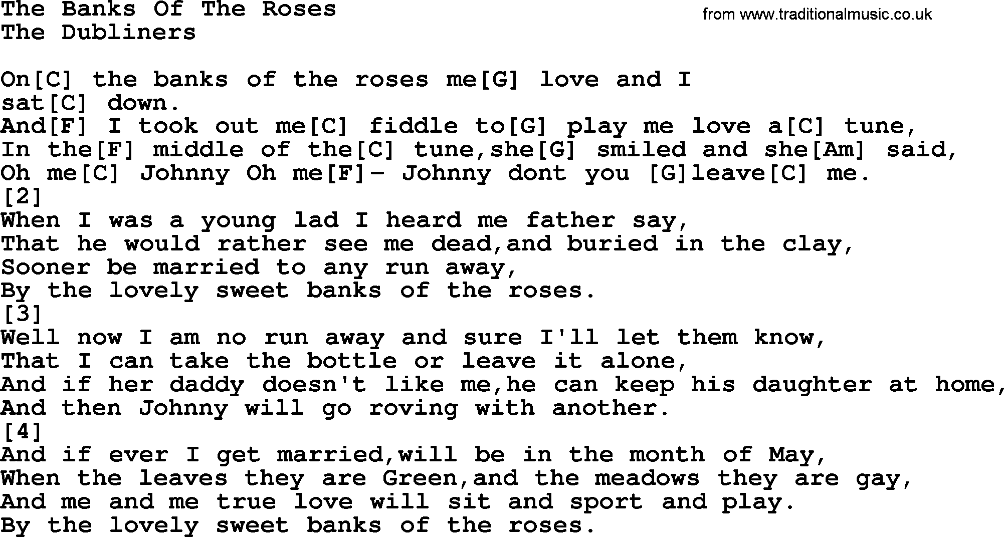 The Dubliners song: The Banks Of The Roses, lyrics and chords