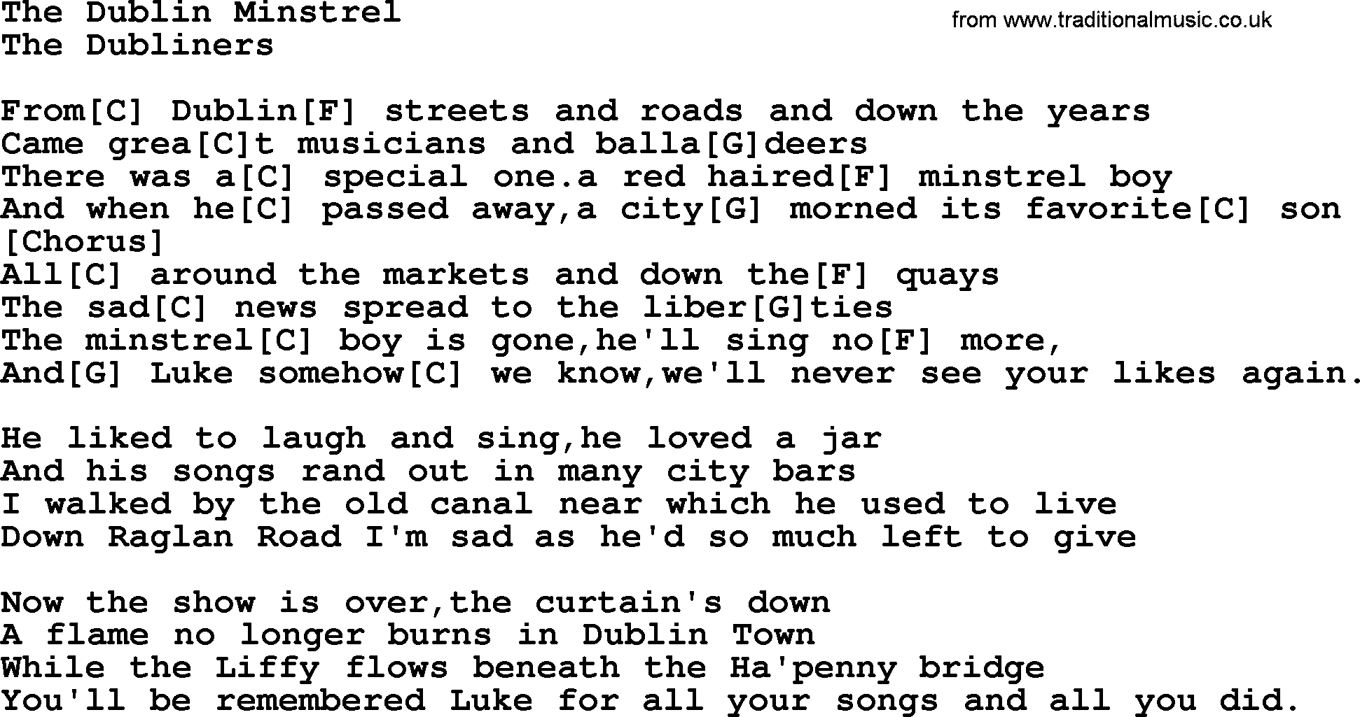The Dubliners song: The Dublin Minstrel, lyrics and chords