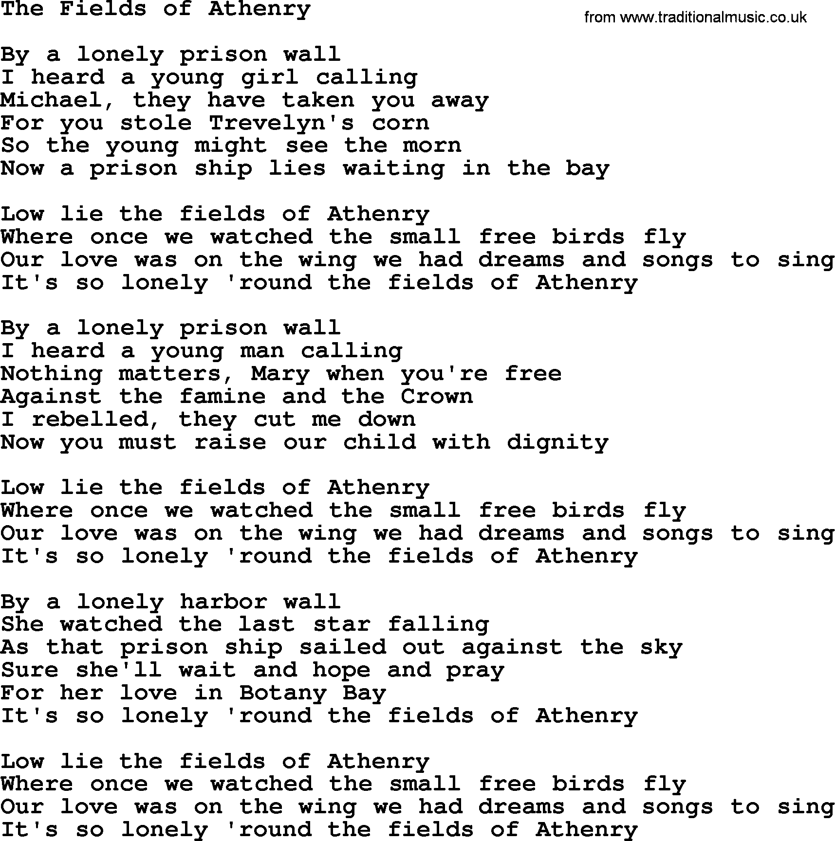 The Dubliners song: The Fields Of Athenry, lyrics