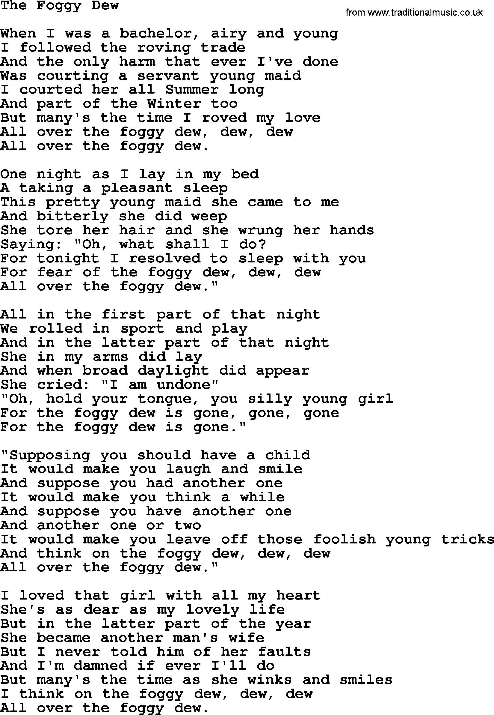 The Dubliners song: The Foggy Dew, lyrics