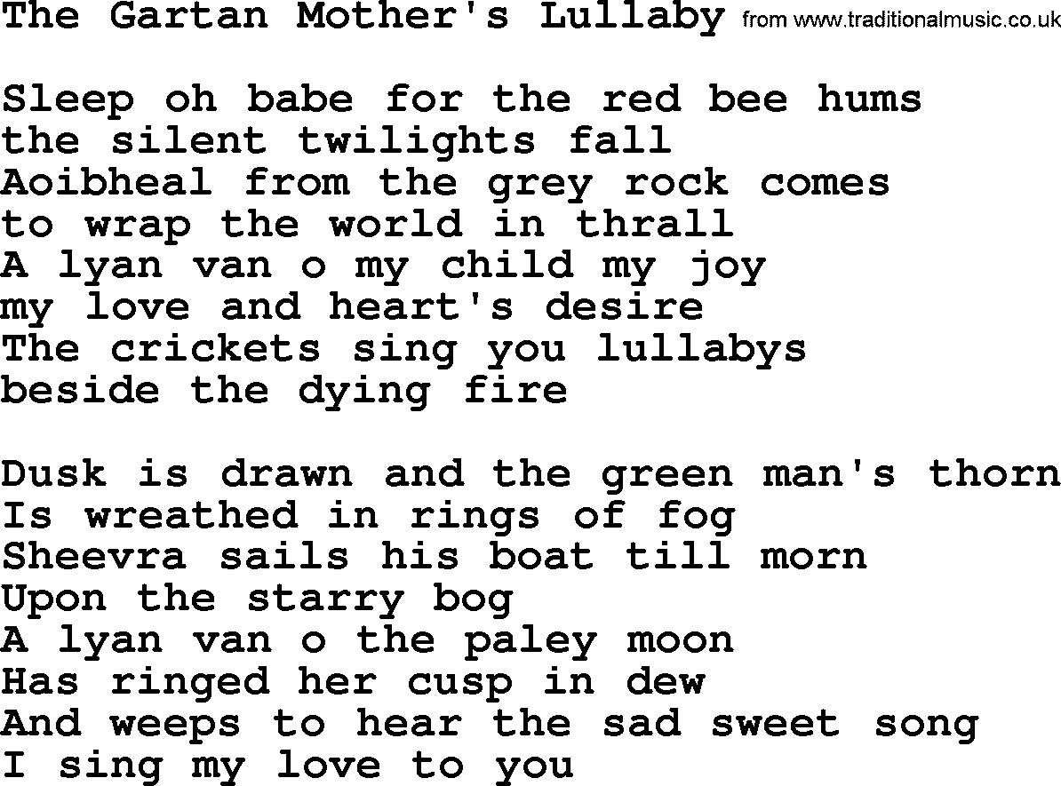 The Dubliners song: The Gartan Mother's Lullaby, lyrics
