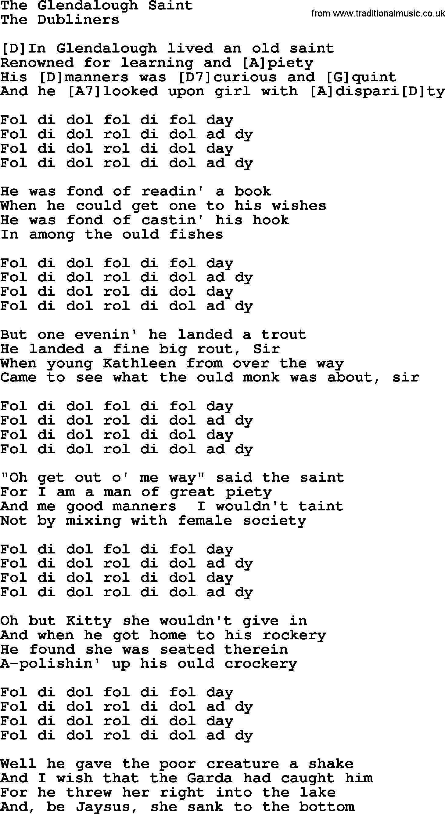 The Dubliners song: The Glendalough Saint, lyrics and chords