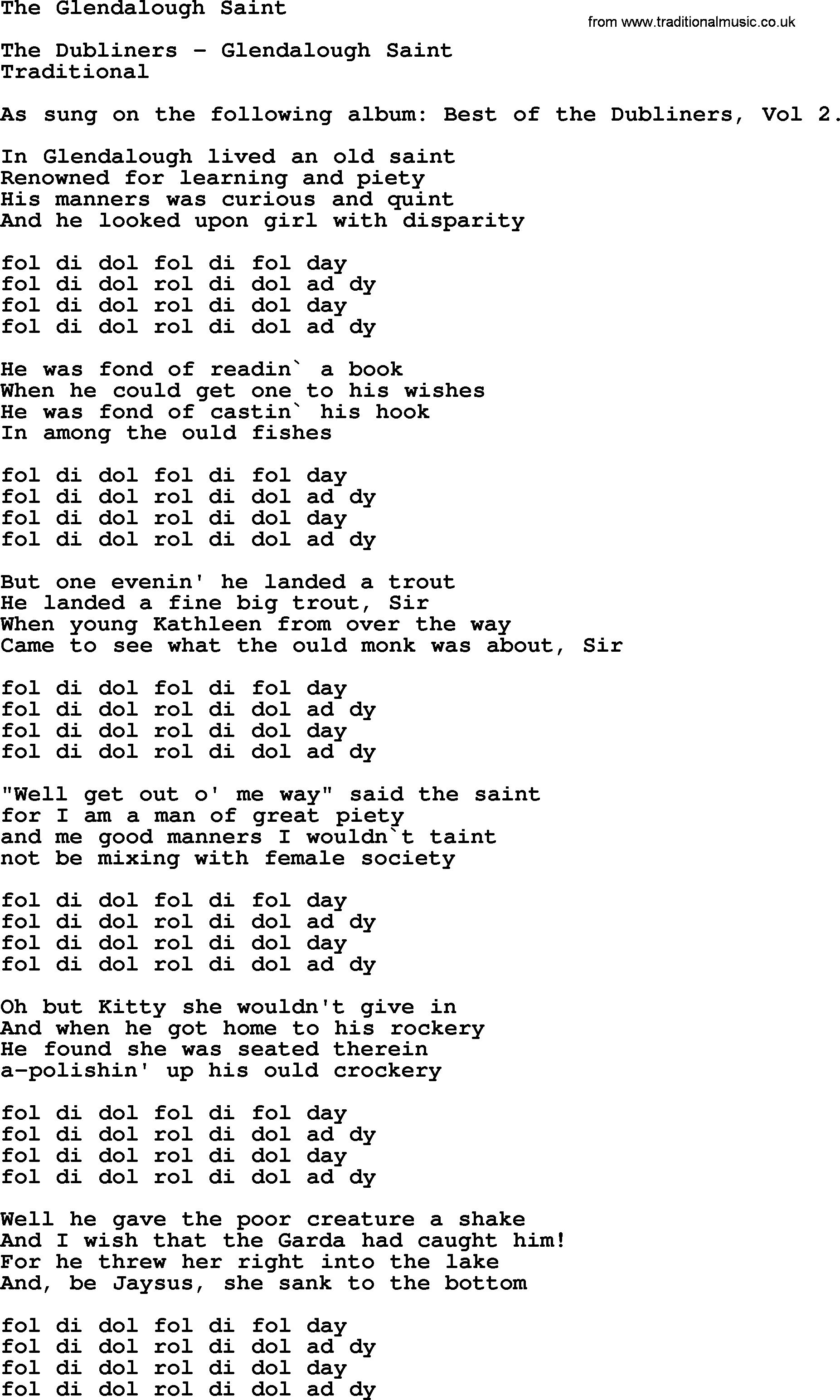 The Dubliners song: The Glendalough Saint, lyrics