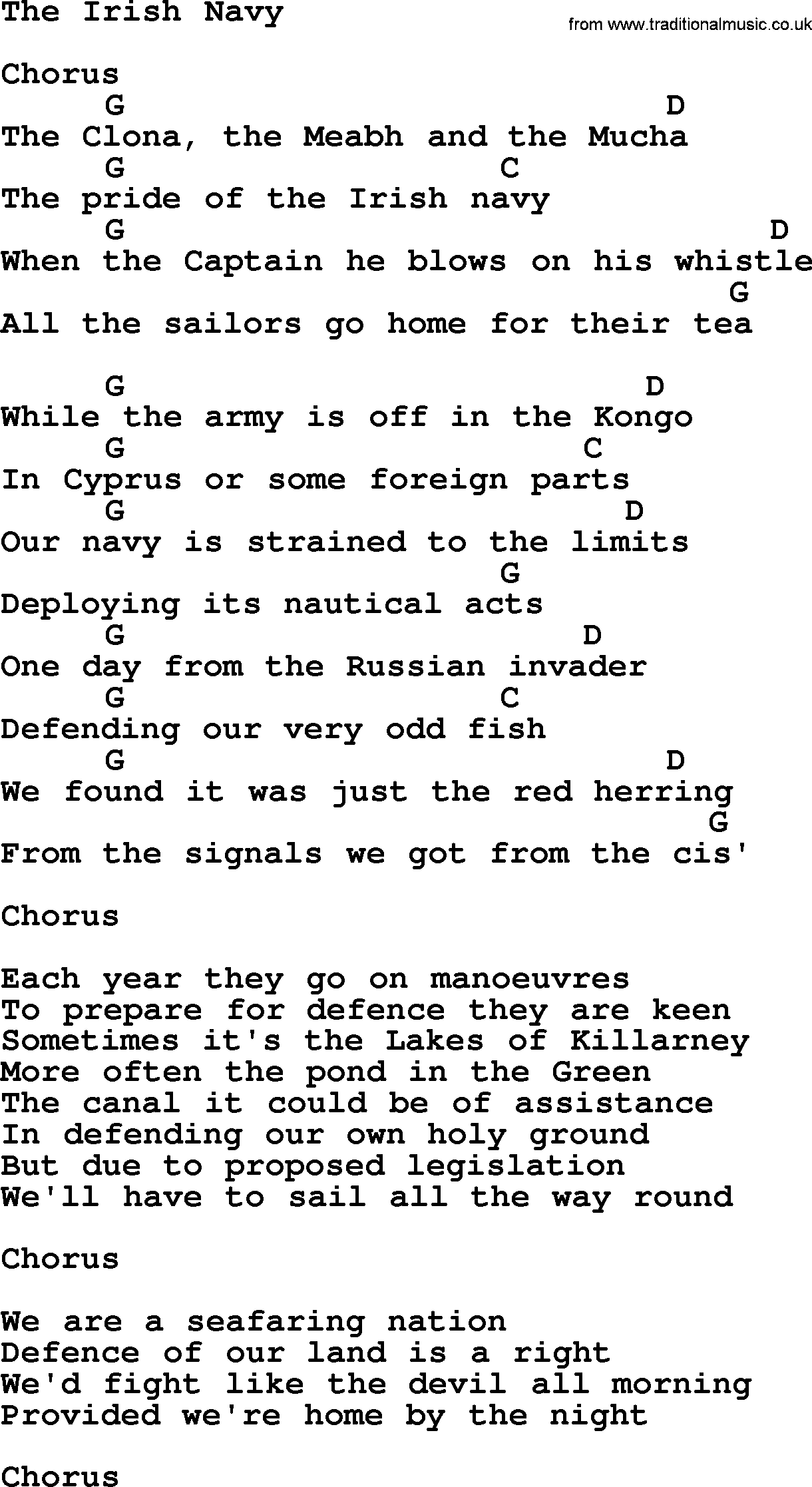 The Dubliners song: The Irish Navy, lyrics and chords