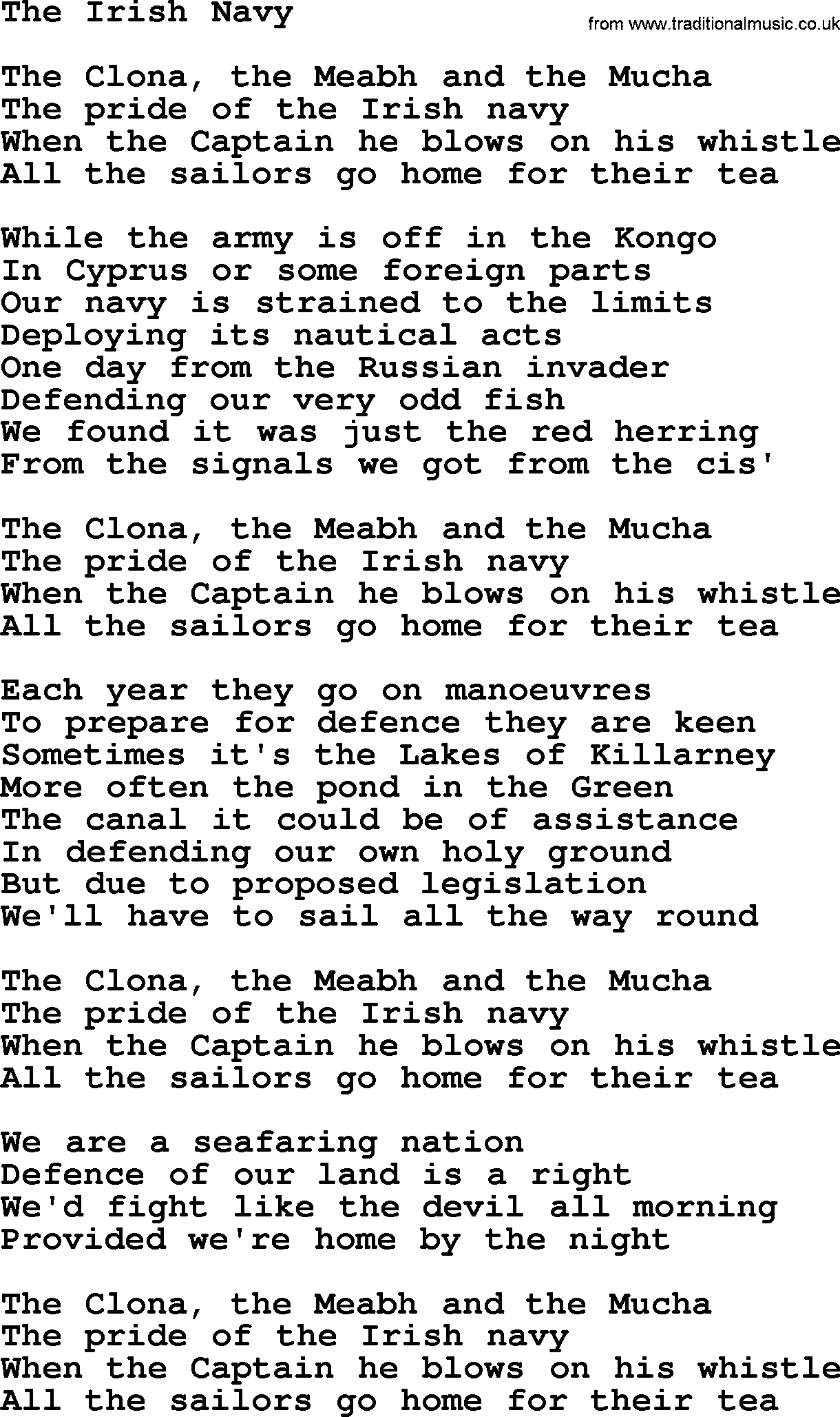 The Dubliners song: The Irish Navy, lyrics